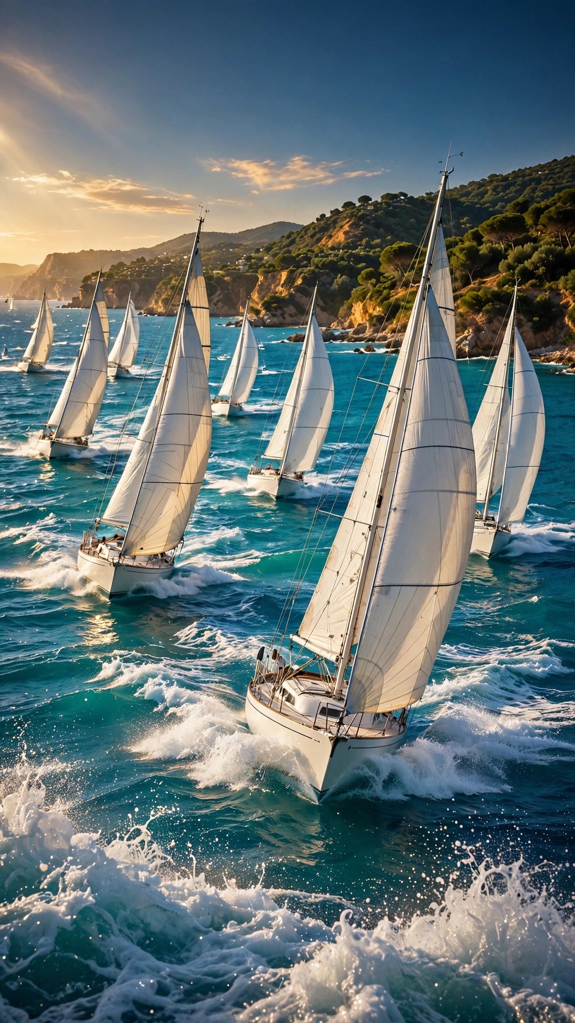 Regatta of white sailboats racing across a turquoise bay in golden light