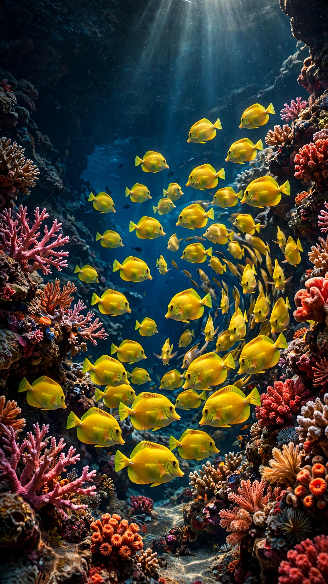 School of bright yellow tang fish swirling through a coral canyon