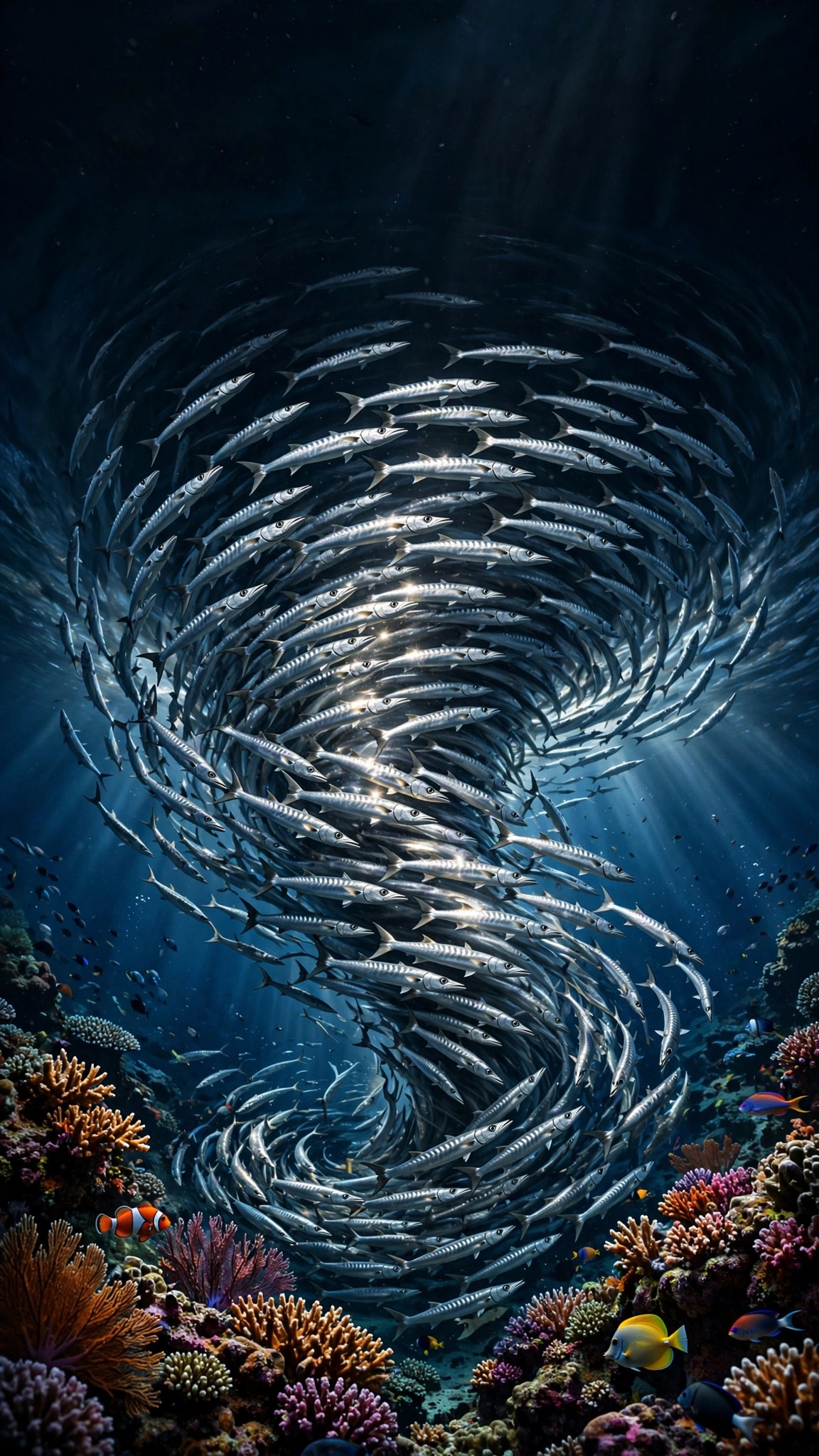 Tornado school of silver barracuda swirling over a coral reef