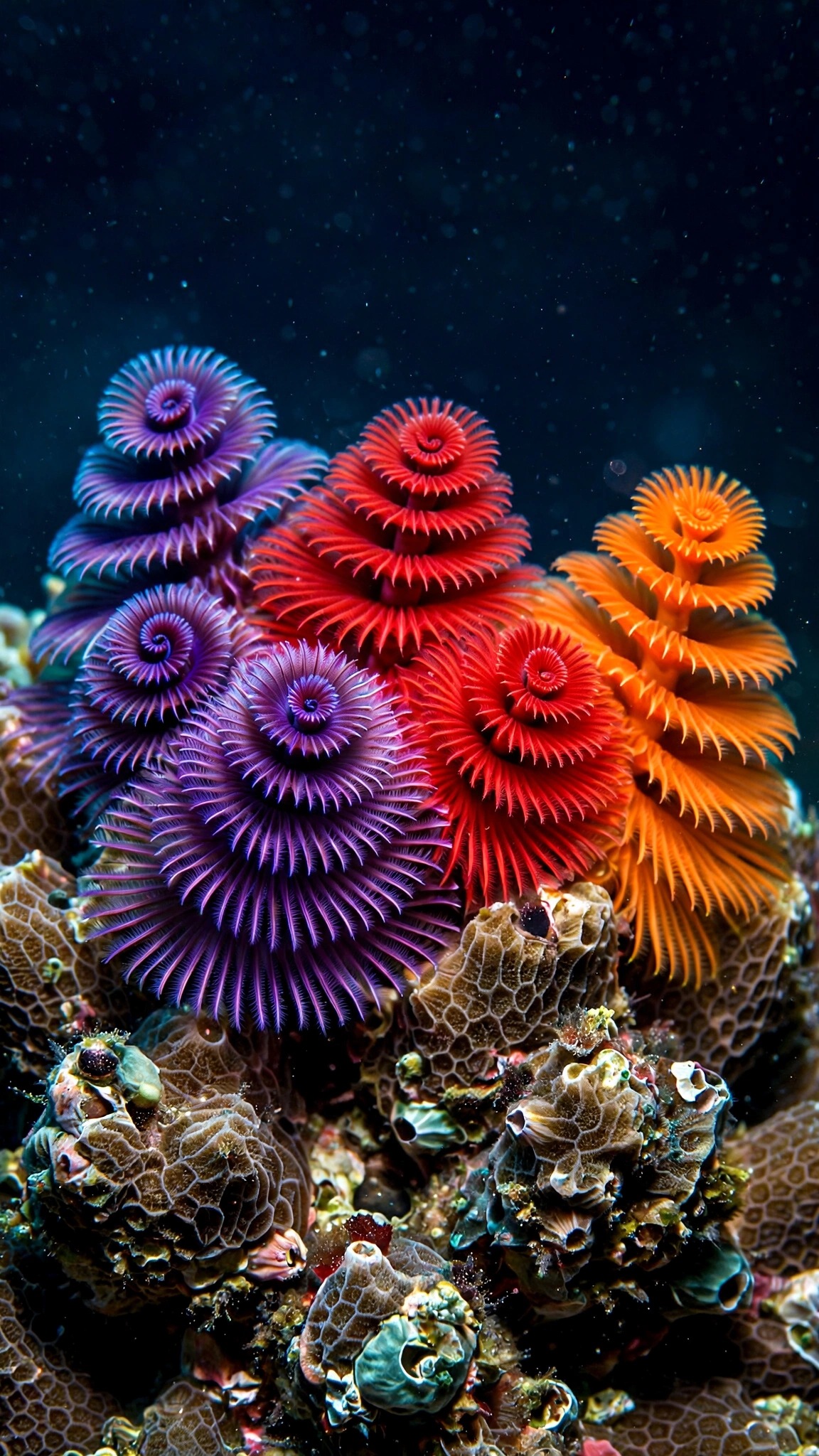 Red, orange and violet Christmas tree worms on a coral reef