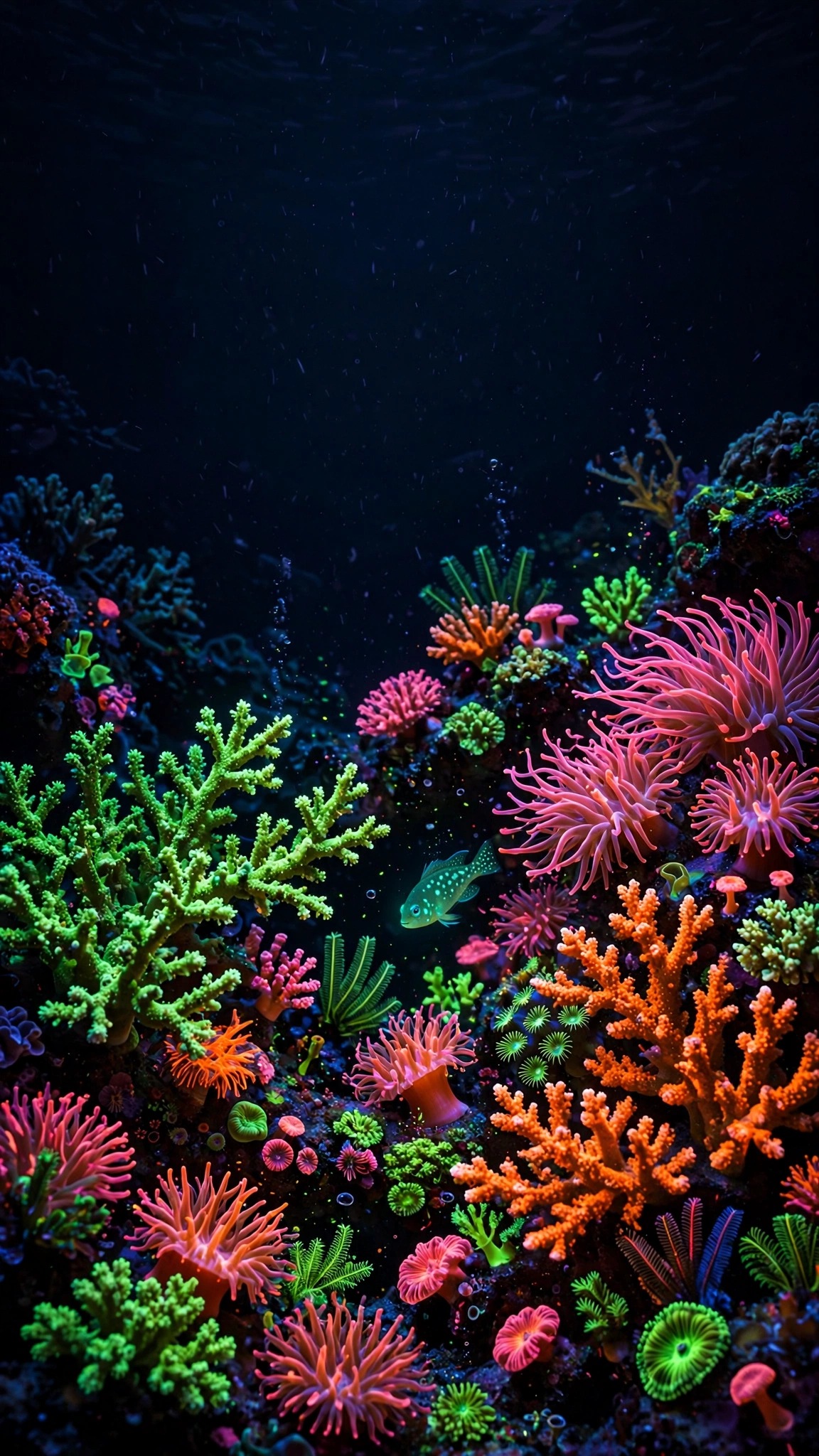 Fluorescent corals glowing neon at night on a dark reef