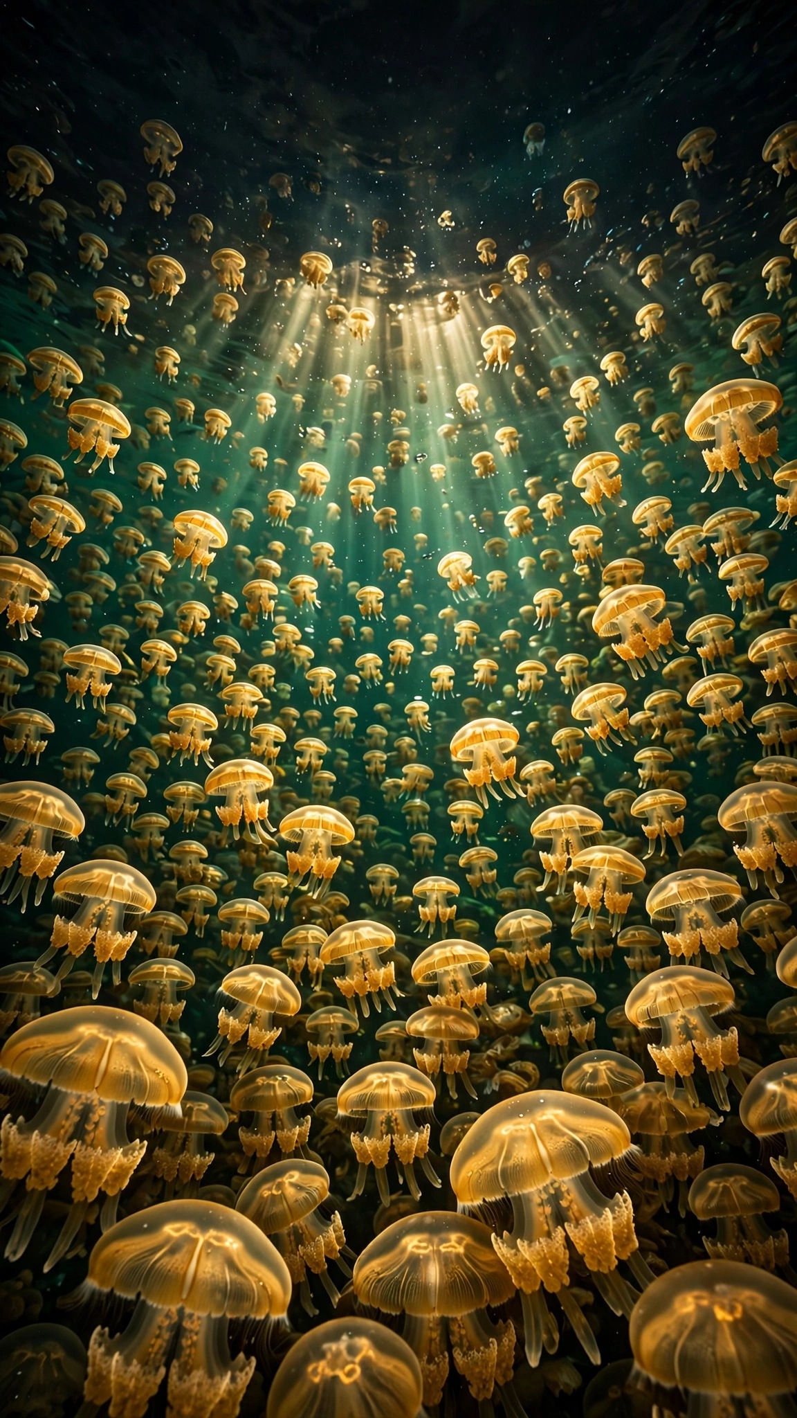 Golden jellyfish drifting in a sunlit Palau marine lake