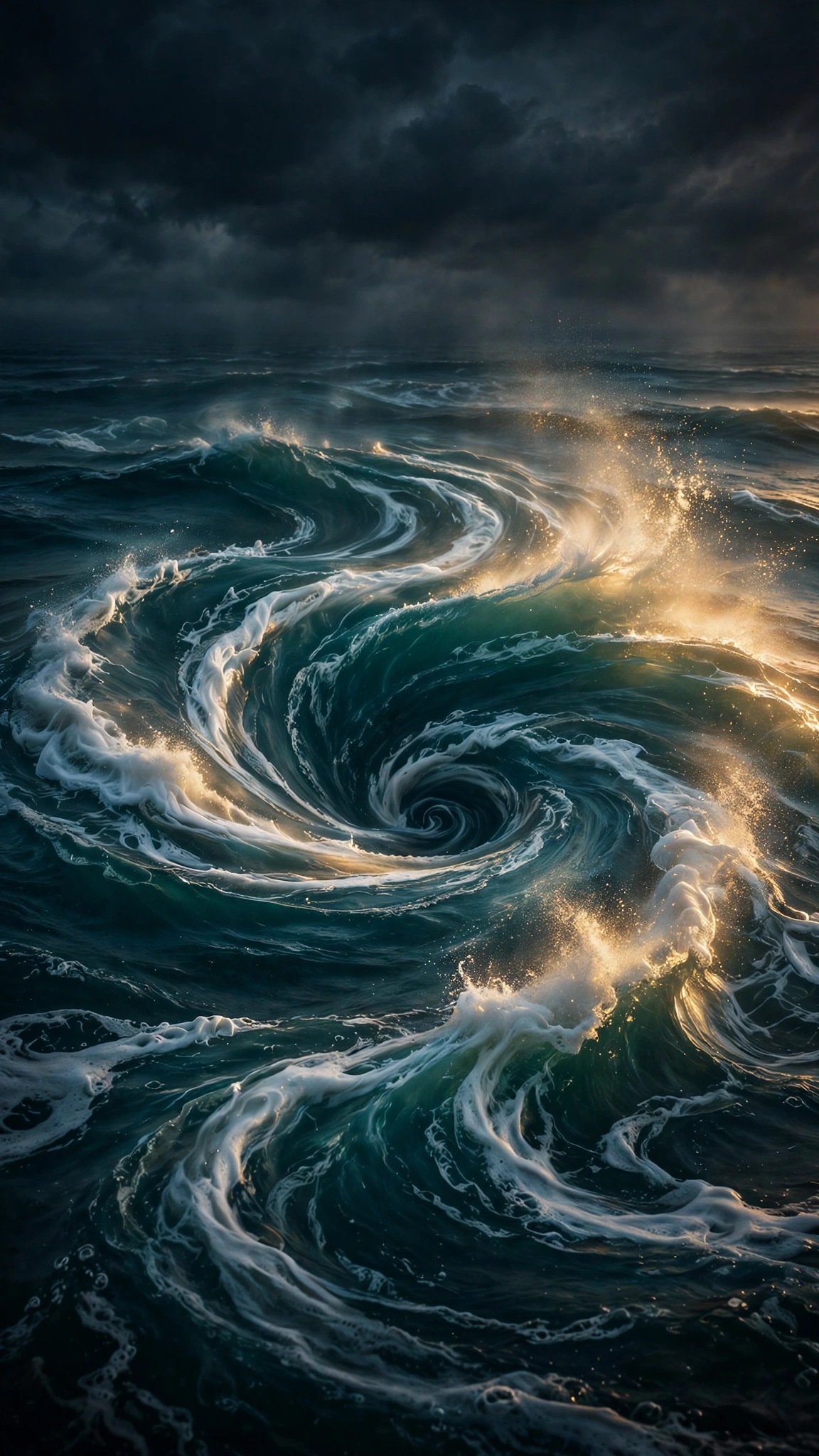 Tidal whirlpool spiralling in deep teal water under a stormy sky