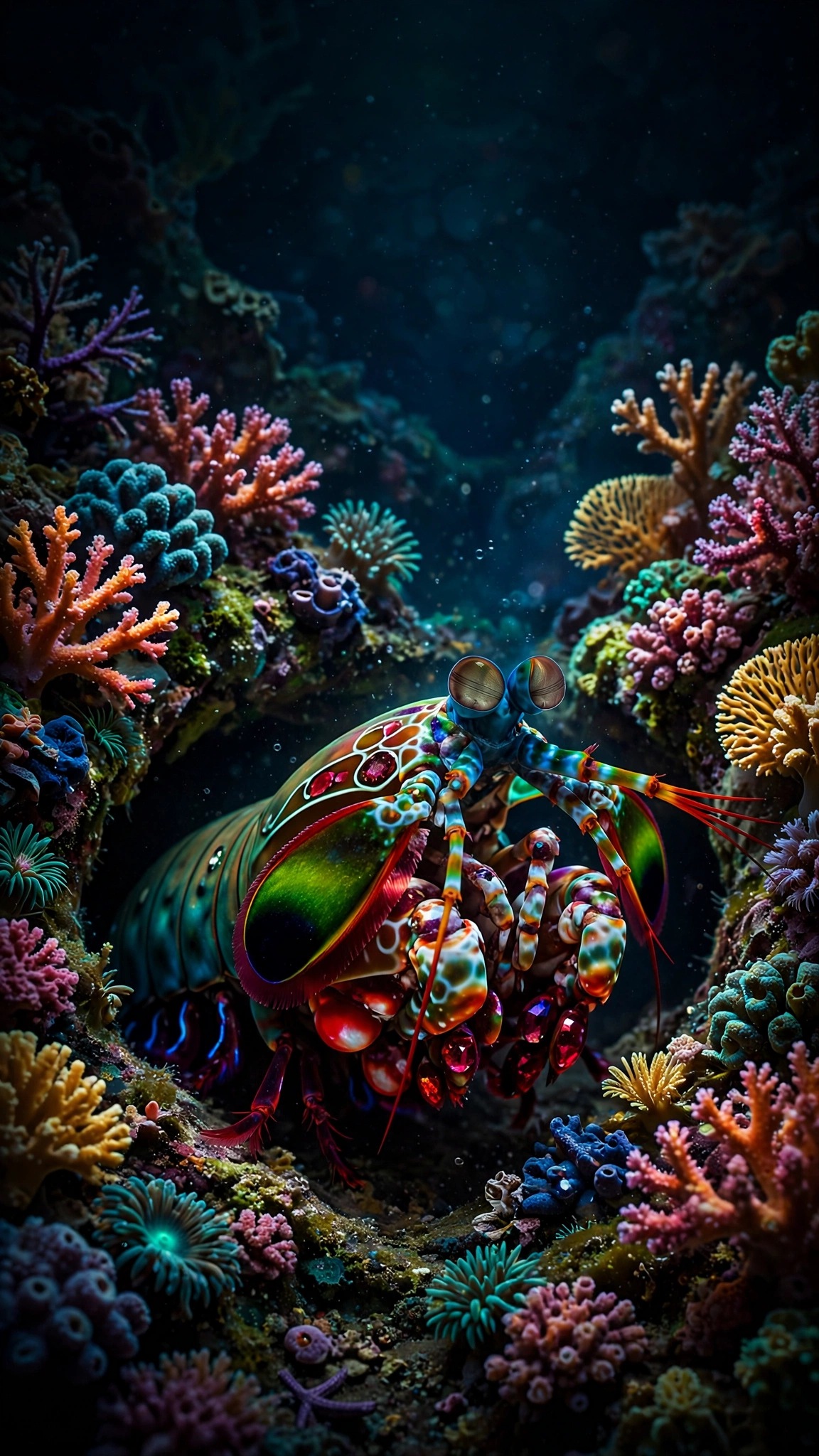 Peacock mantis shrimp in rainbow colours at a reef burrow