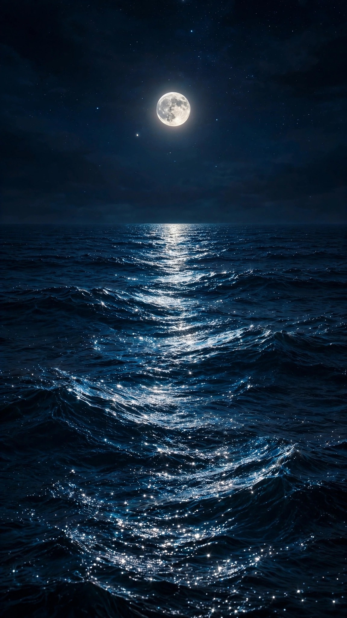 Silver moonlight path glittering across dark open ocean at night