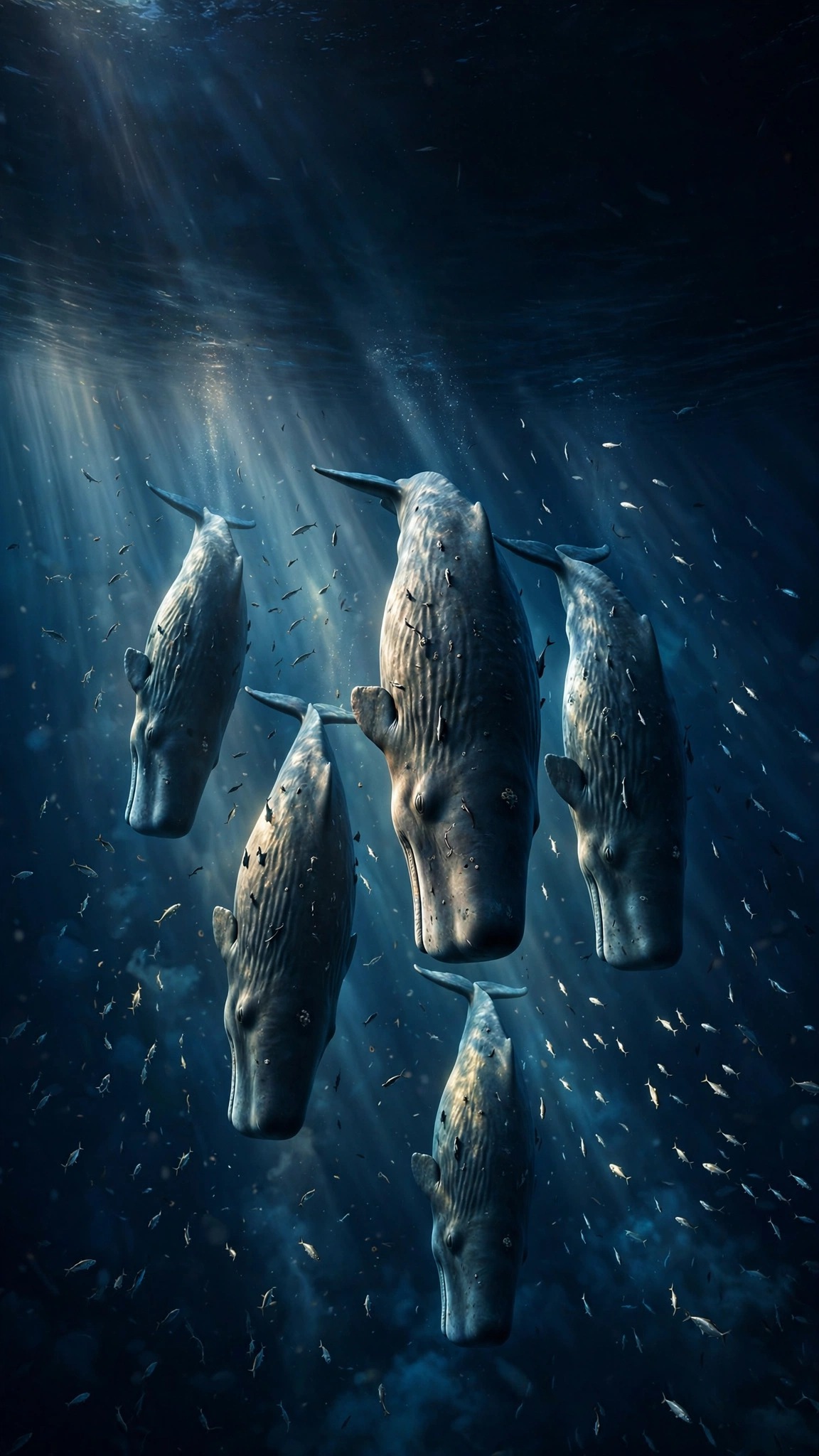 Sperm whale pod sleeping vertically in deep blue water