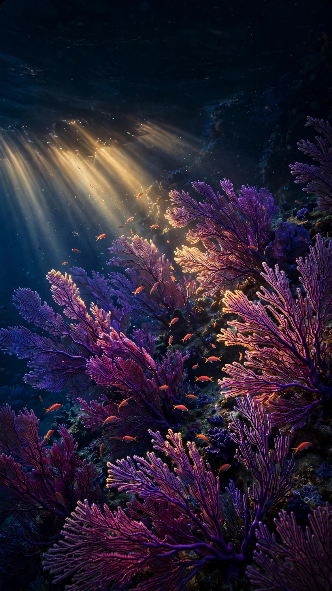 Violet gorgonian sea fans swaying over a deep reef in sunlit blue water