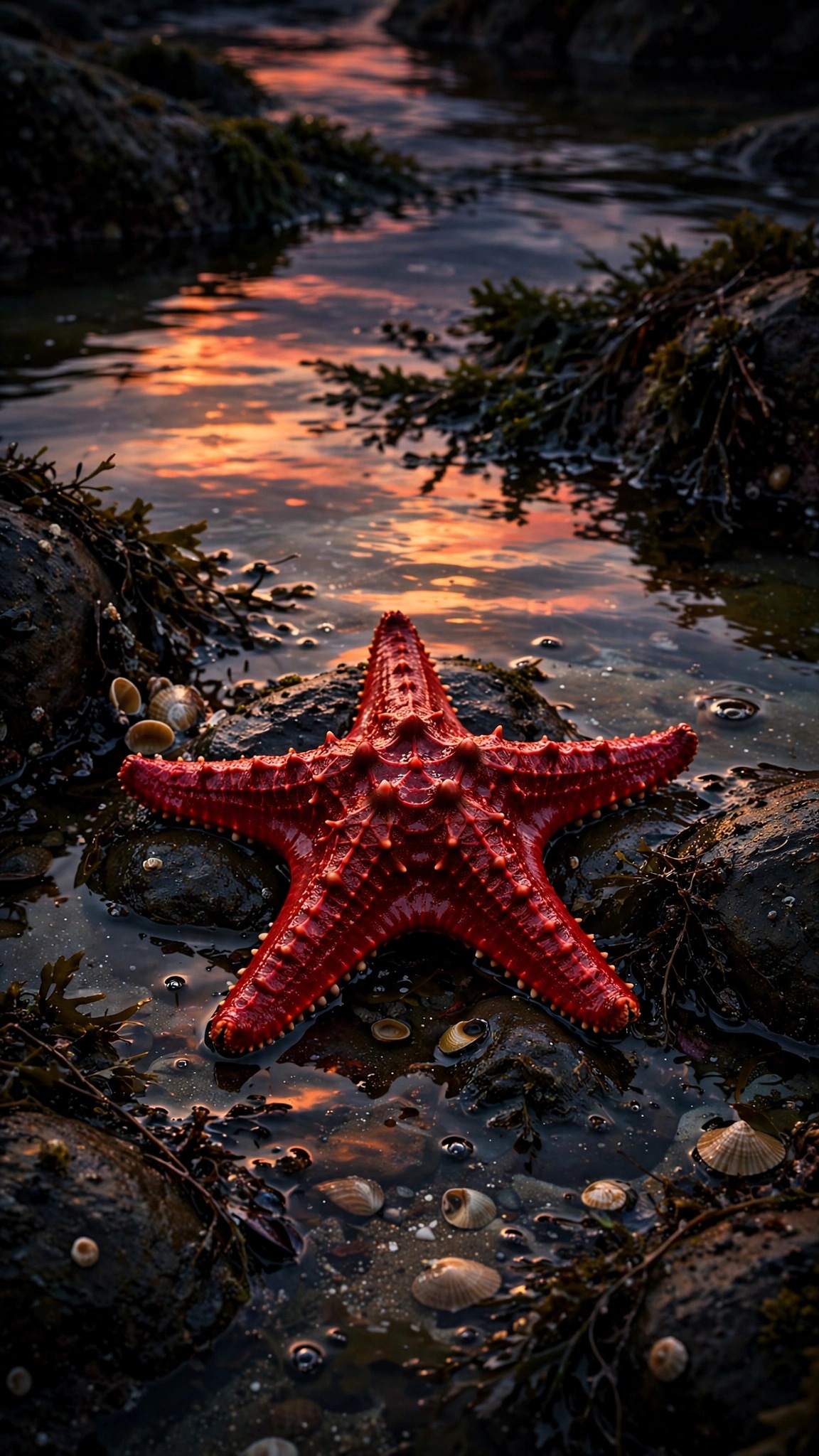 Crimson Starfish Tidepool Sunset Ocean Wallpaper