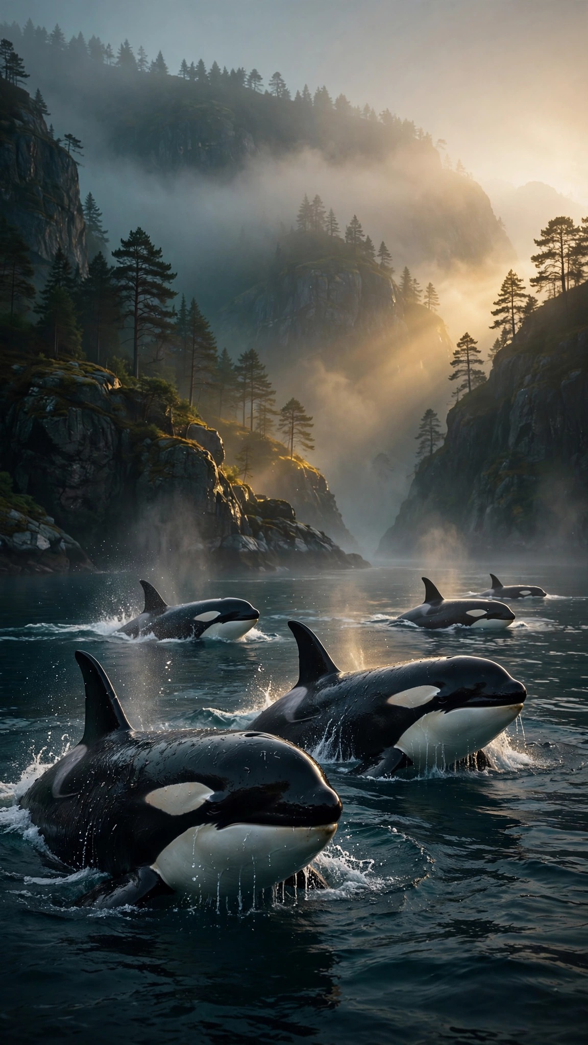 Orca Pod Mist Fjord Ocean Wallpaper