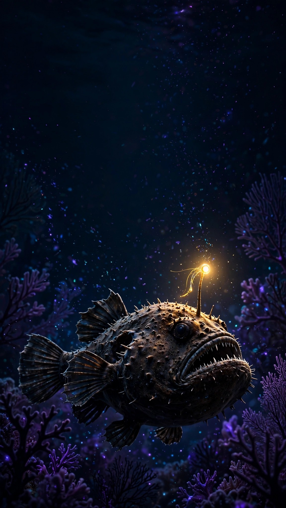 Anglerfish with glowing golden lure in the dark deep sea