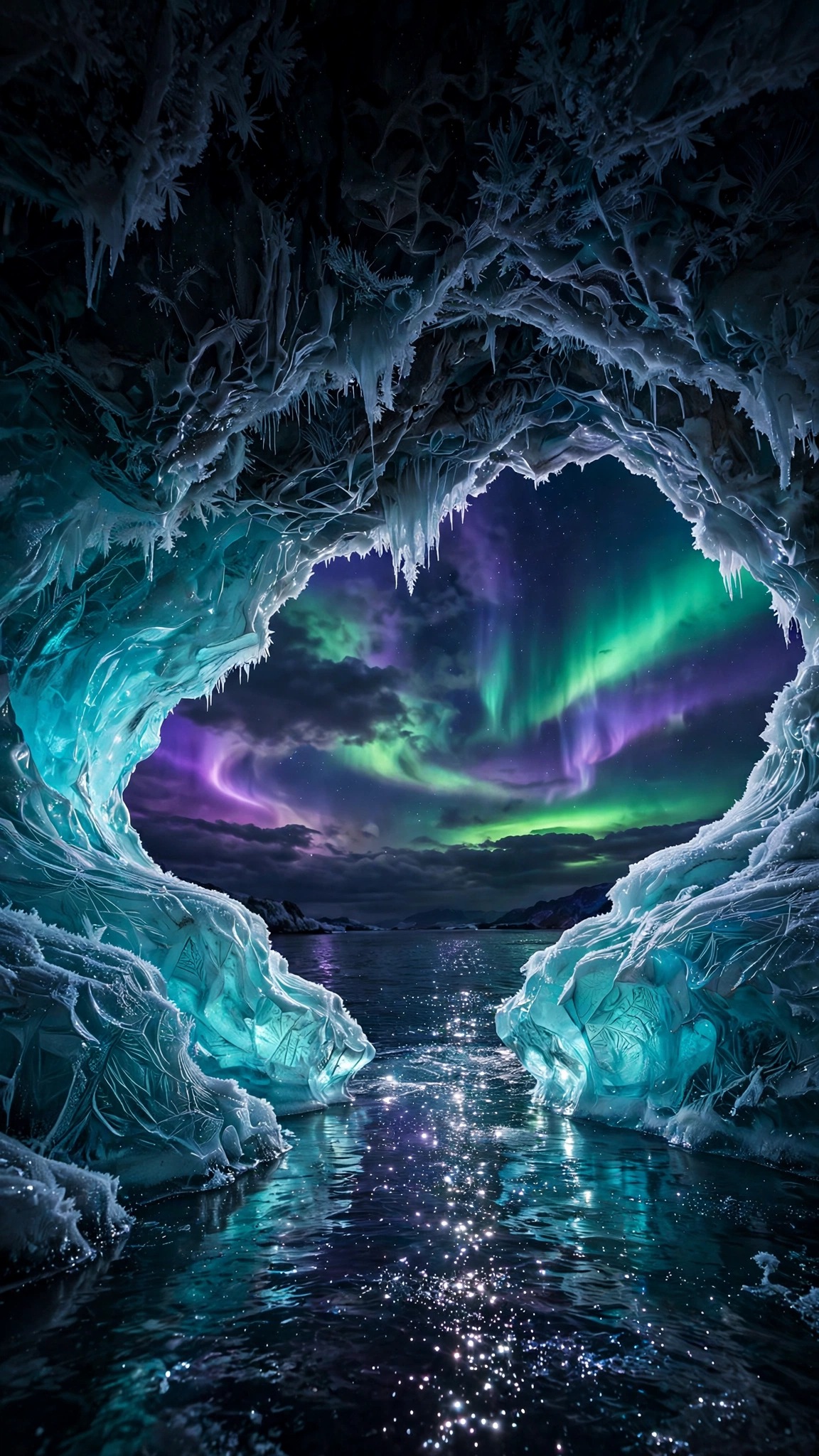 Arctic ice cave opening onto the sea under green and violet aurora