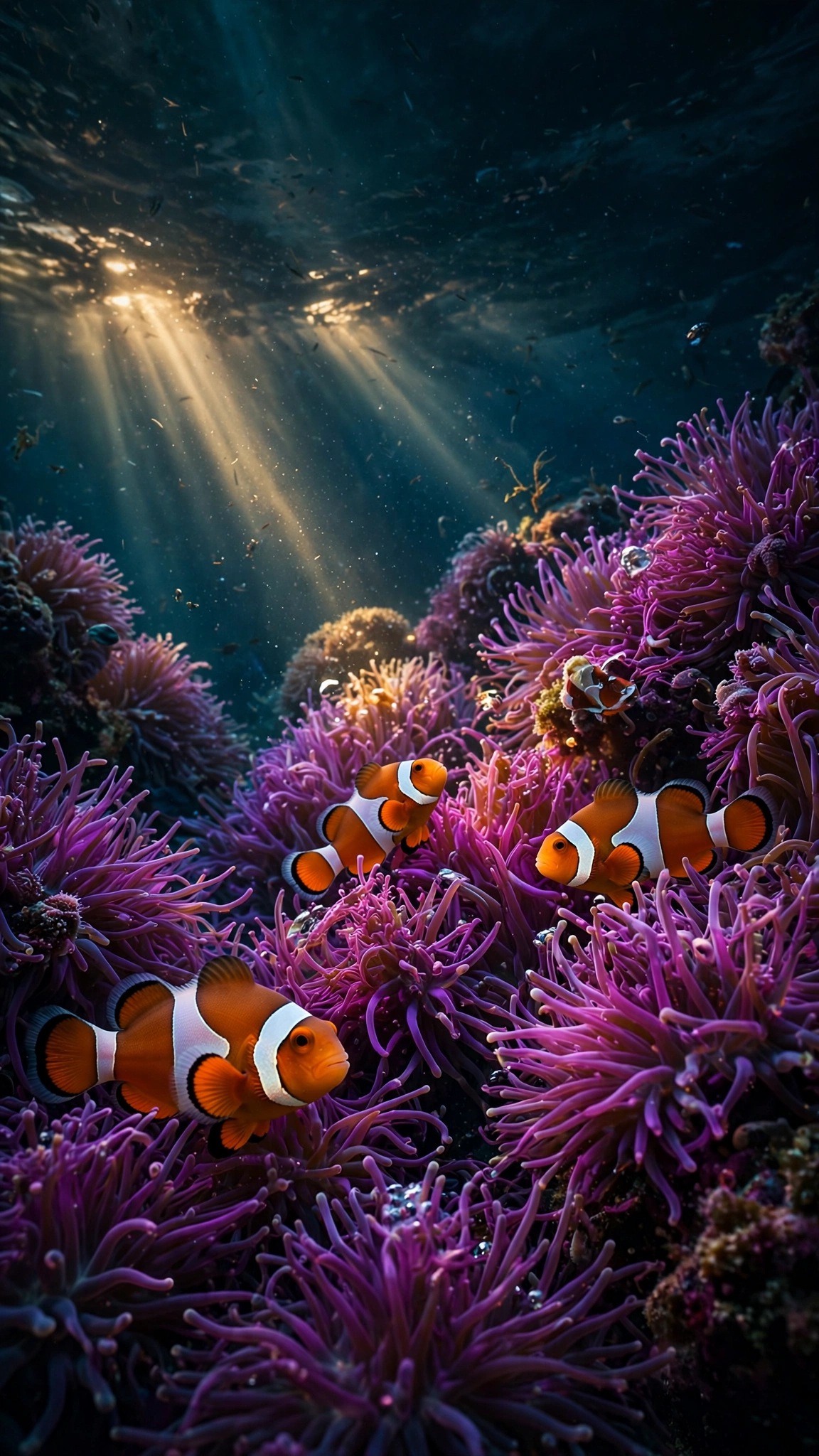 Clownfish swimming among violet and magenta sea anemones