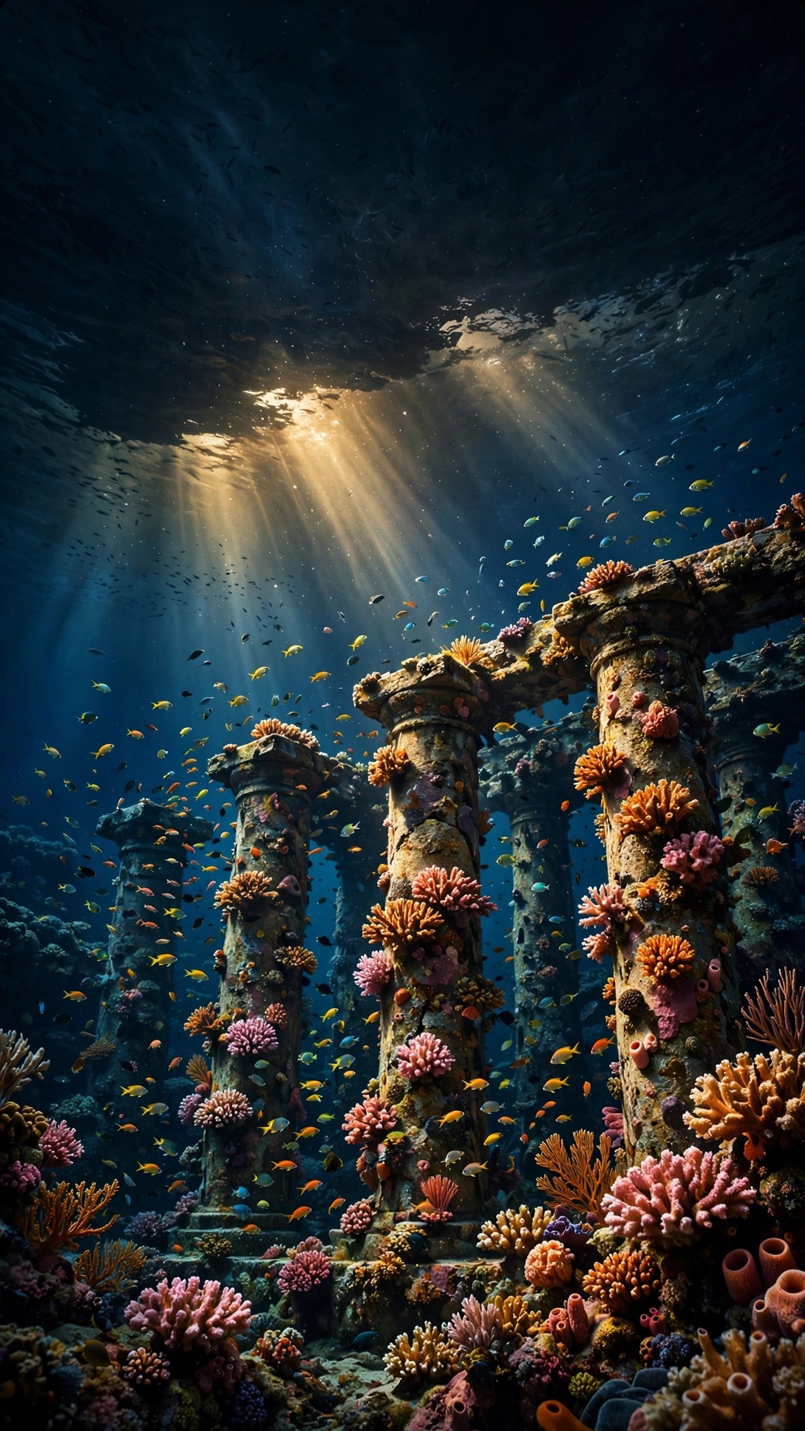 Ancient coral-covered temple columns on a deep reef with tropical fish