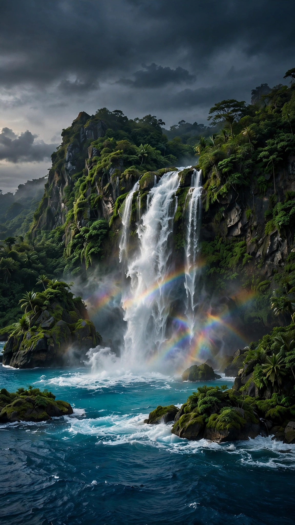 Waterfall pouring off a lush island cliff into a turquoise lagoon