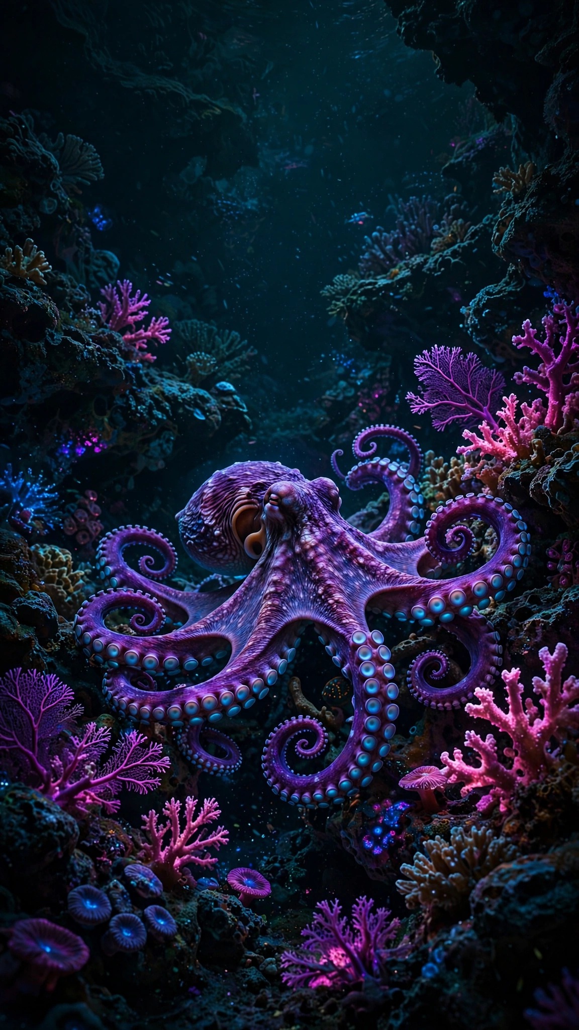 Violet octopus curled among glowing coral in a deep underwater grotto