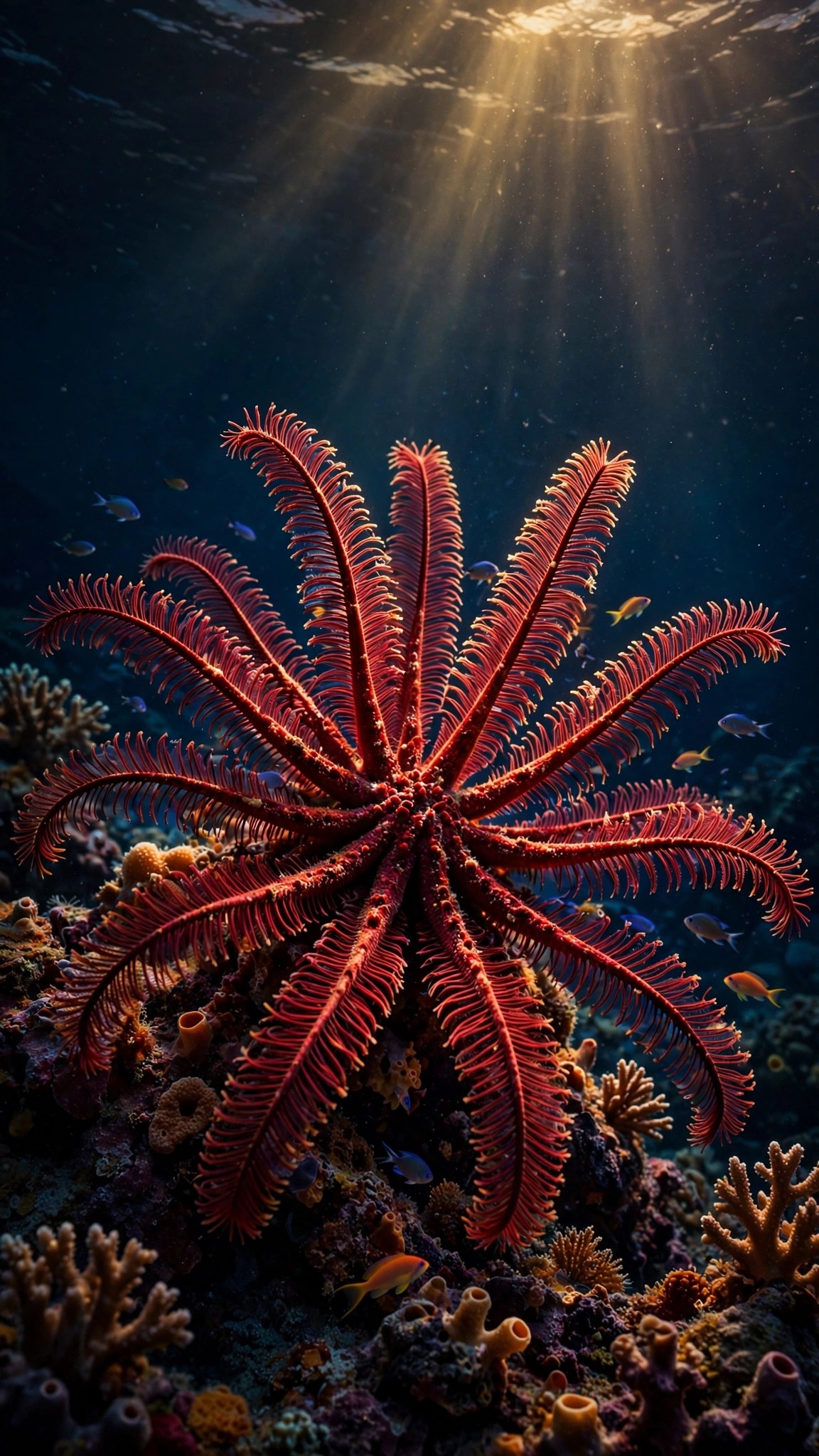 Crimson feather star unfurled over a coral reef pinnacle at dusk