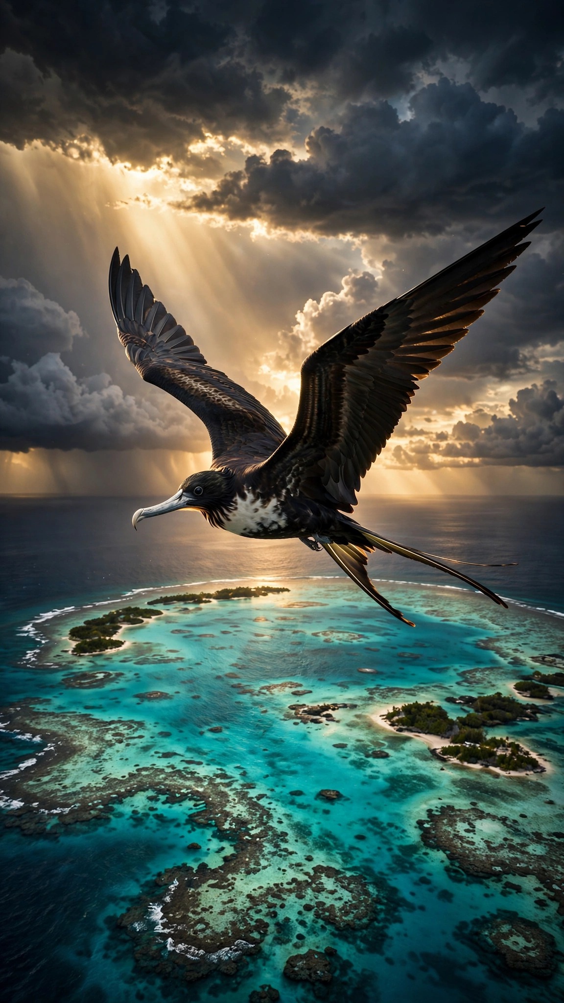 Frigatebird soaring above a turquoise atoll lagoon