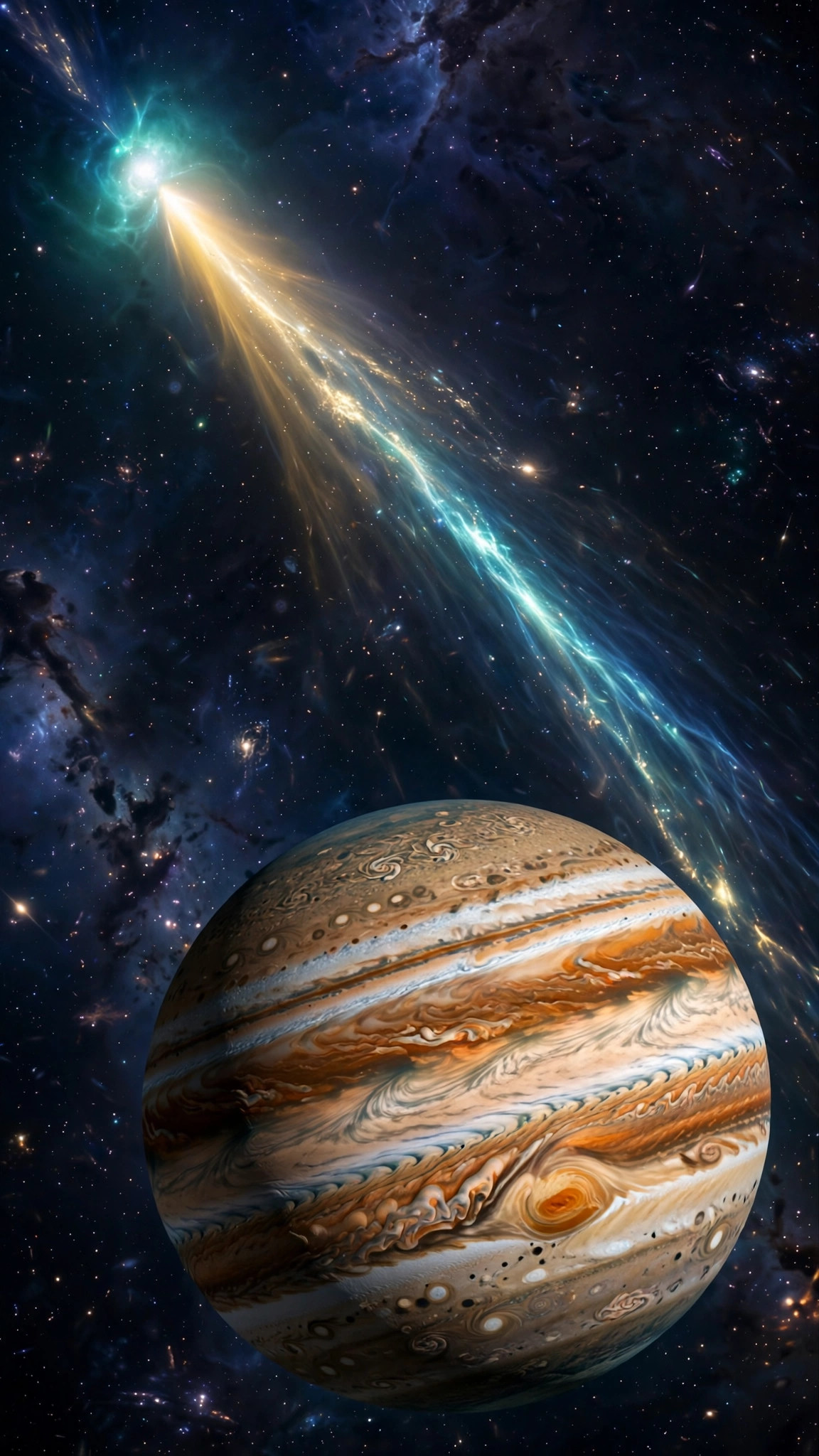 Brilliant comet with a long glowing tail streaking past the giant planet Jupiter