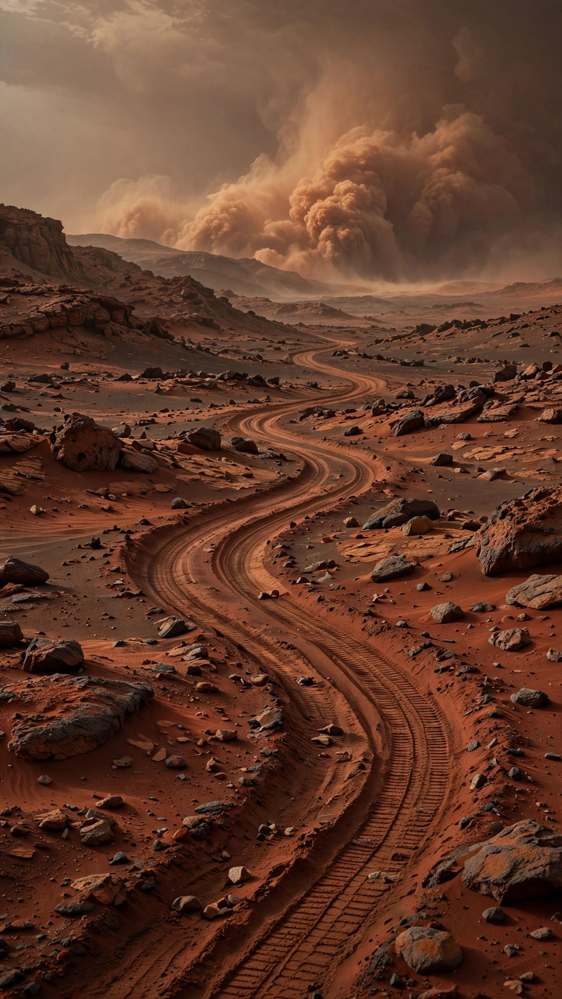 Rusty Mars desert surface with winding rover tracks leading toward an approaching dust storm
