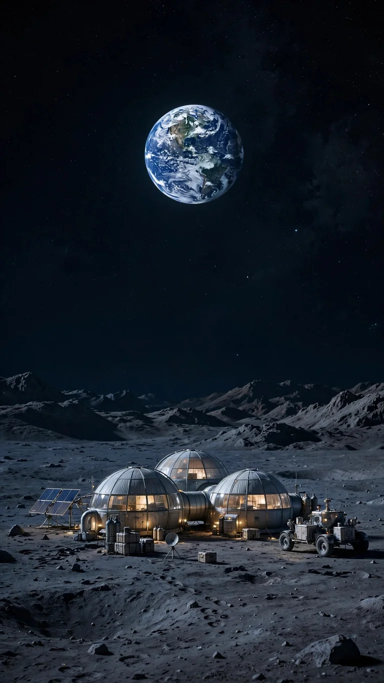 Small lunar base with domed habitats on the gray Moon surface