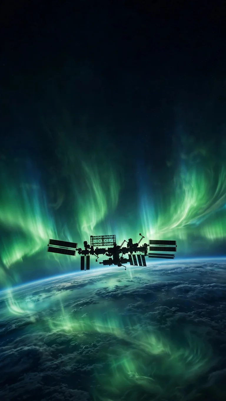 Space station silhouetted against shimmering green aurora curtains above Earth