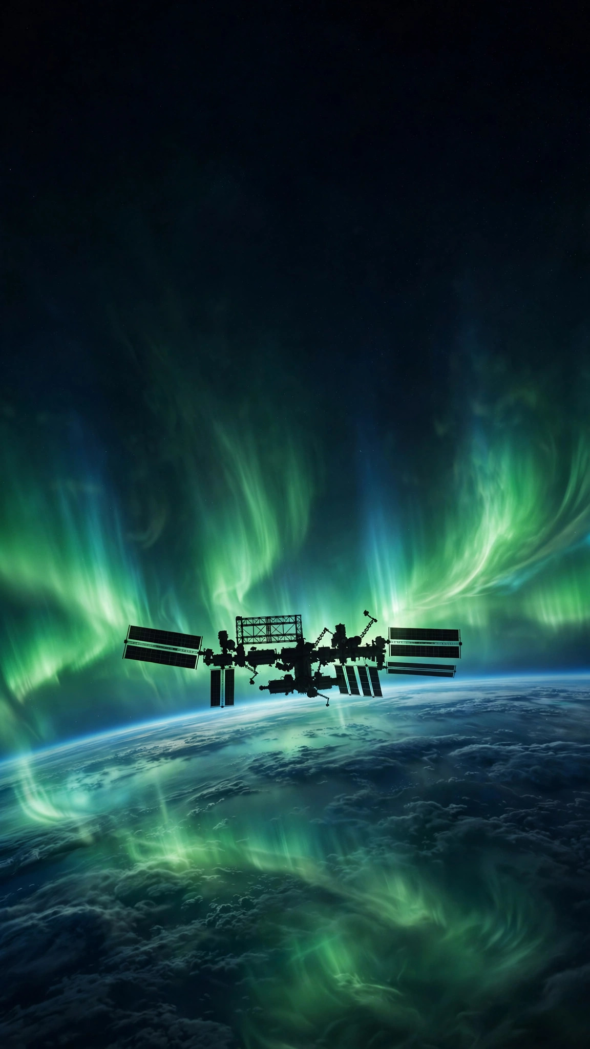 Space station silhouetted against shimmering green aurora curtains above Earth