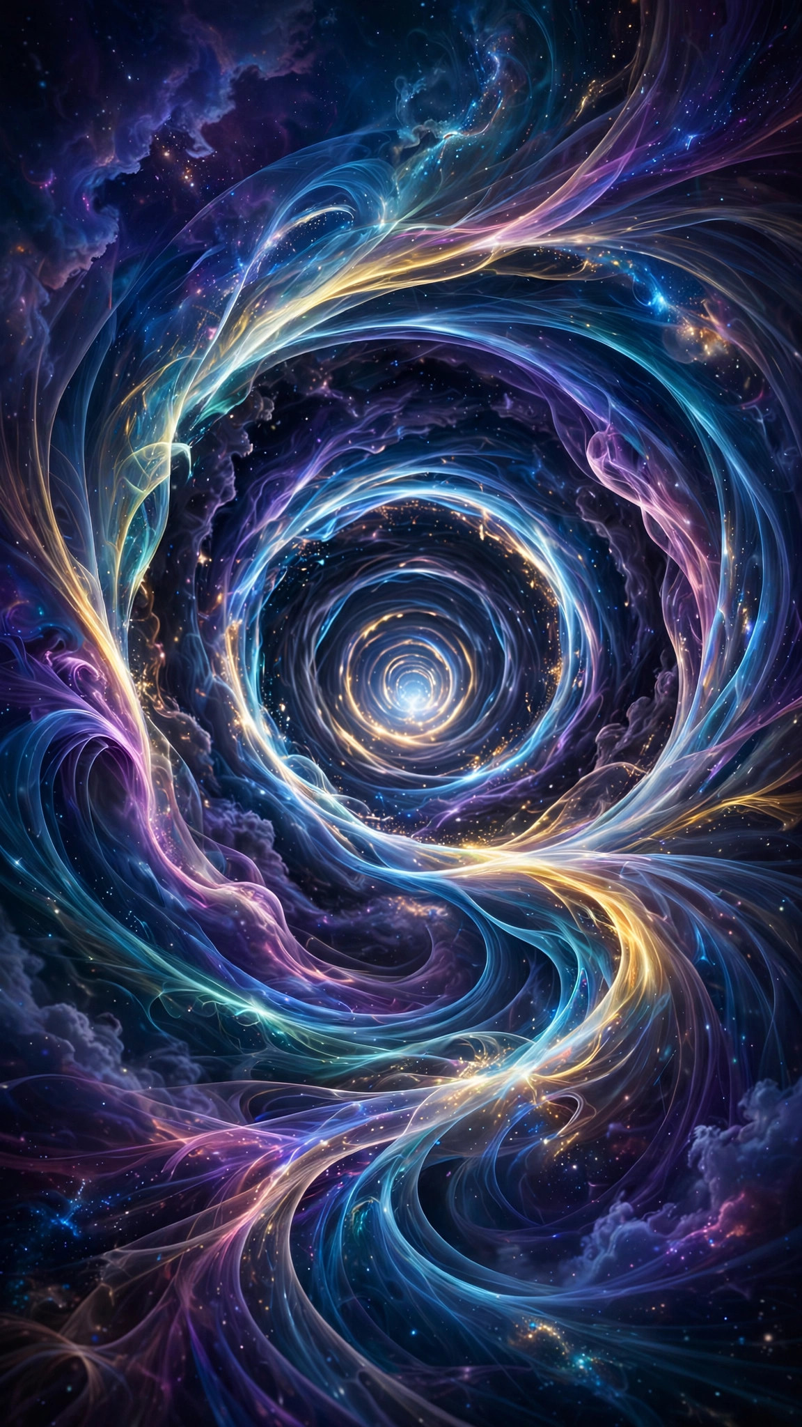 Swirling wormhole tunnel made of bending streams of light pulling the viewer inward