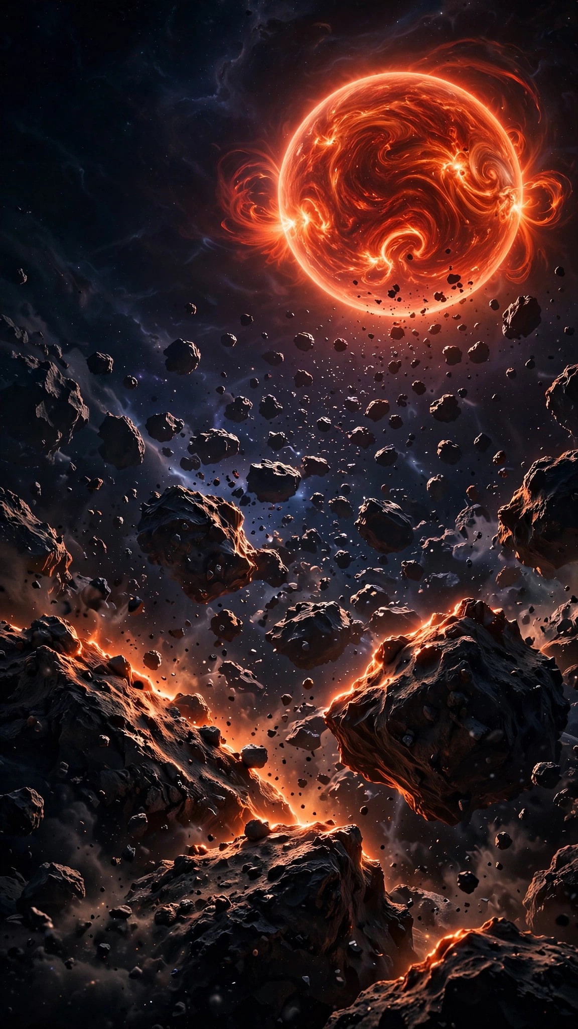 an asteroid field near a red giant star