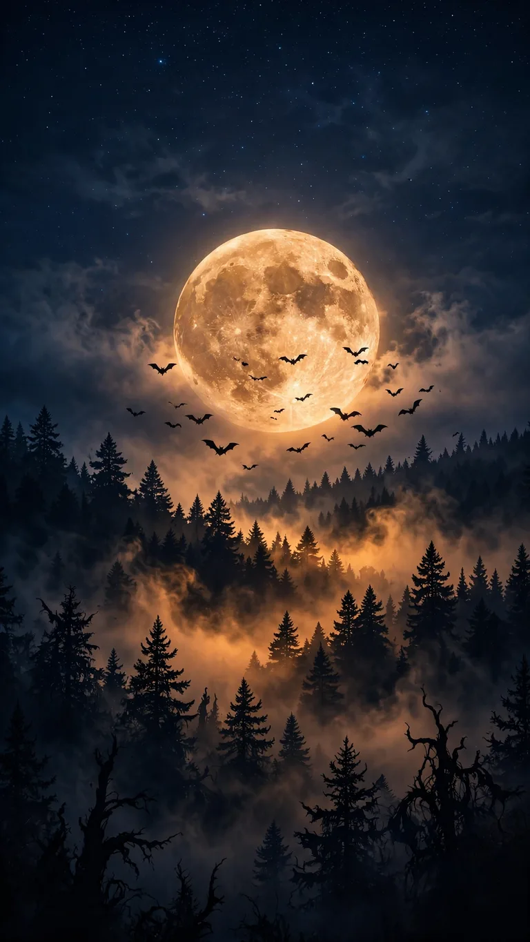 a giant harvest moon over a pine forest with bats