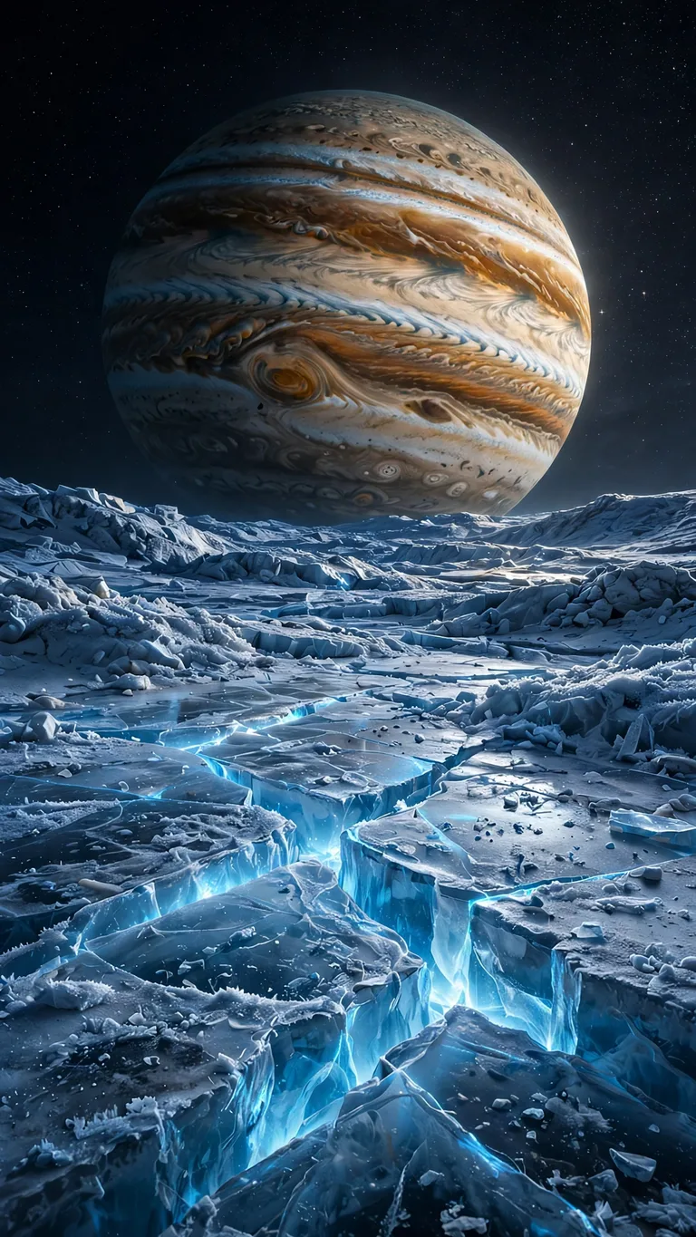 Jupiter rising over Europa's icy surface