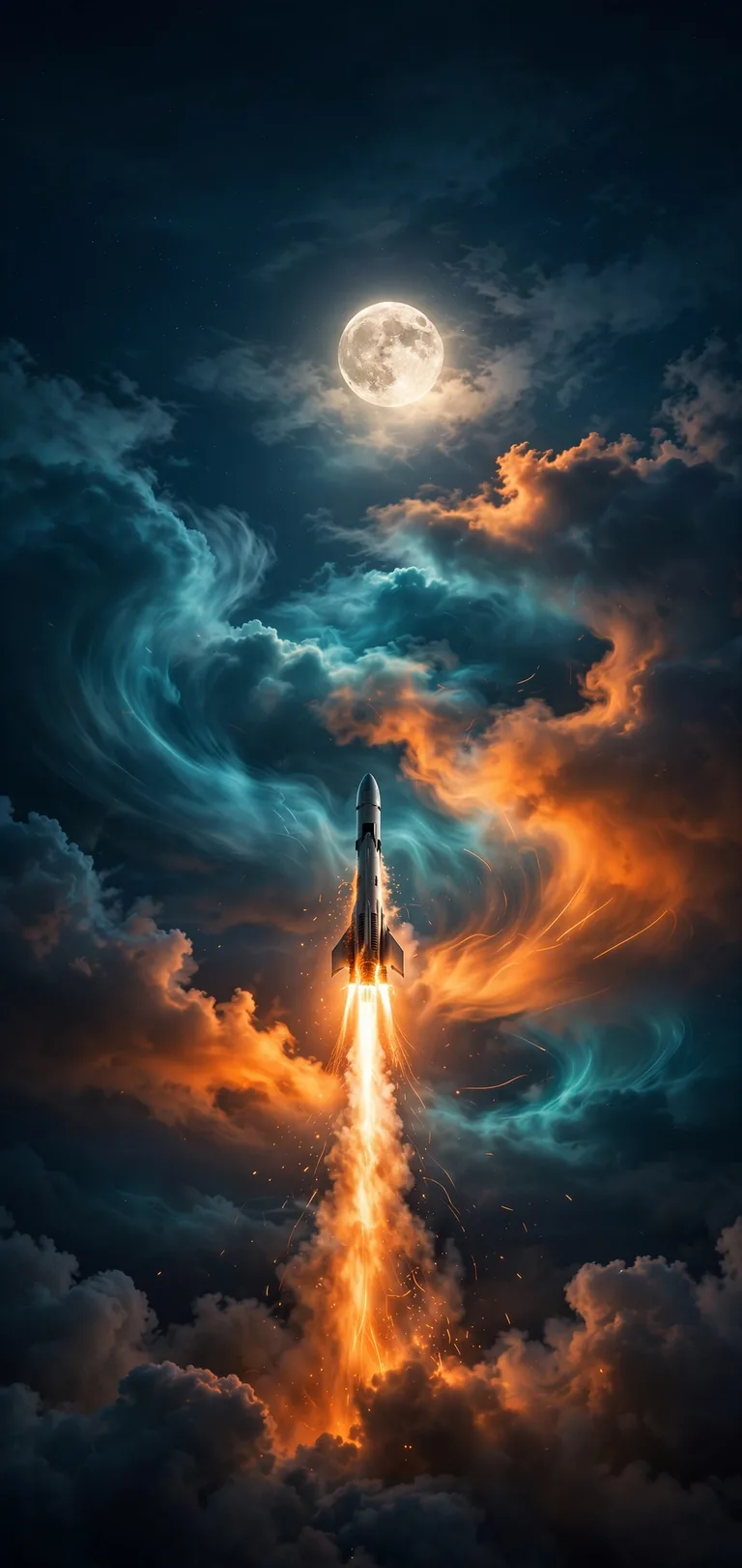 a rocket launching toward the moon at night