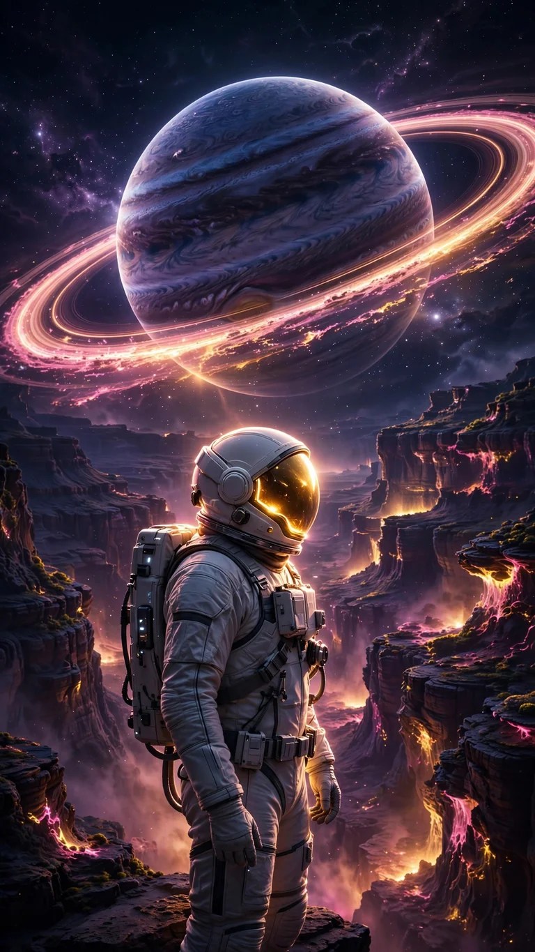 astronaut looking at ringed gas giant above canyon wallpaper