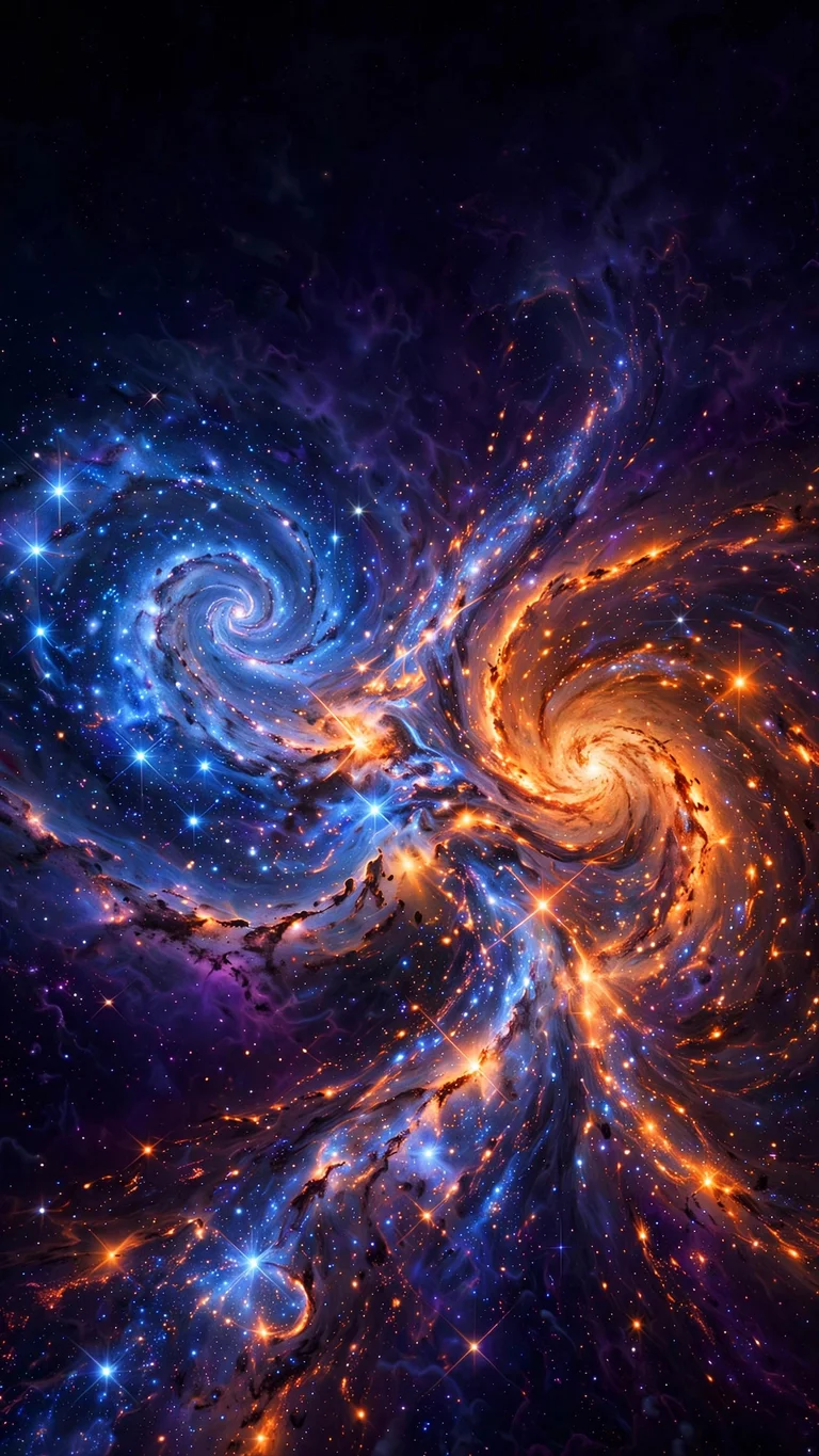 two galaxies colliding in cosmic swirl wallpaper