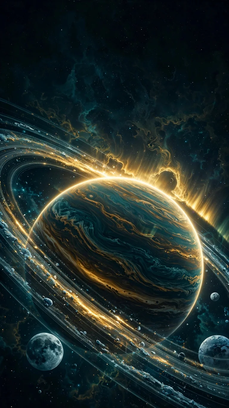 golden aurora over ringed gas giant wallpaper