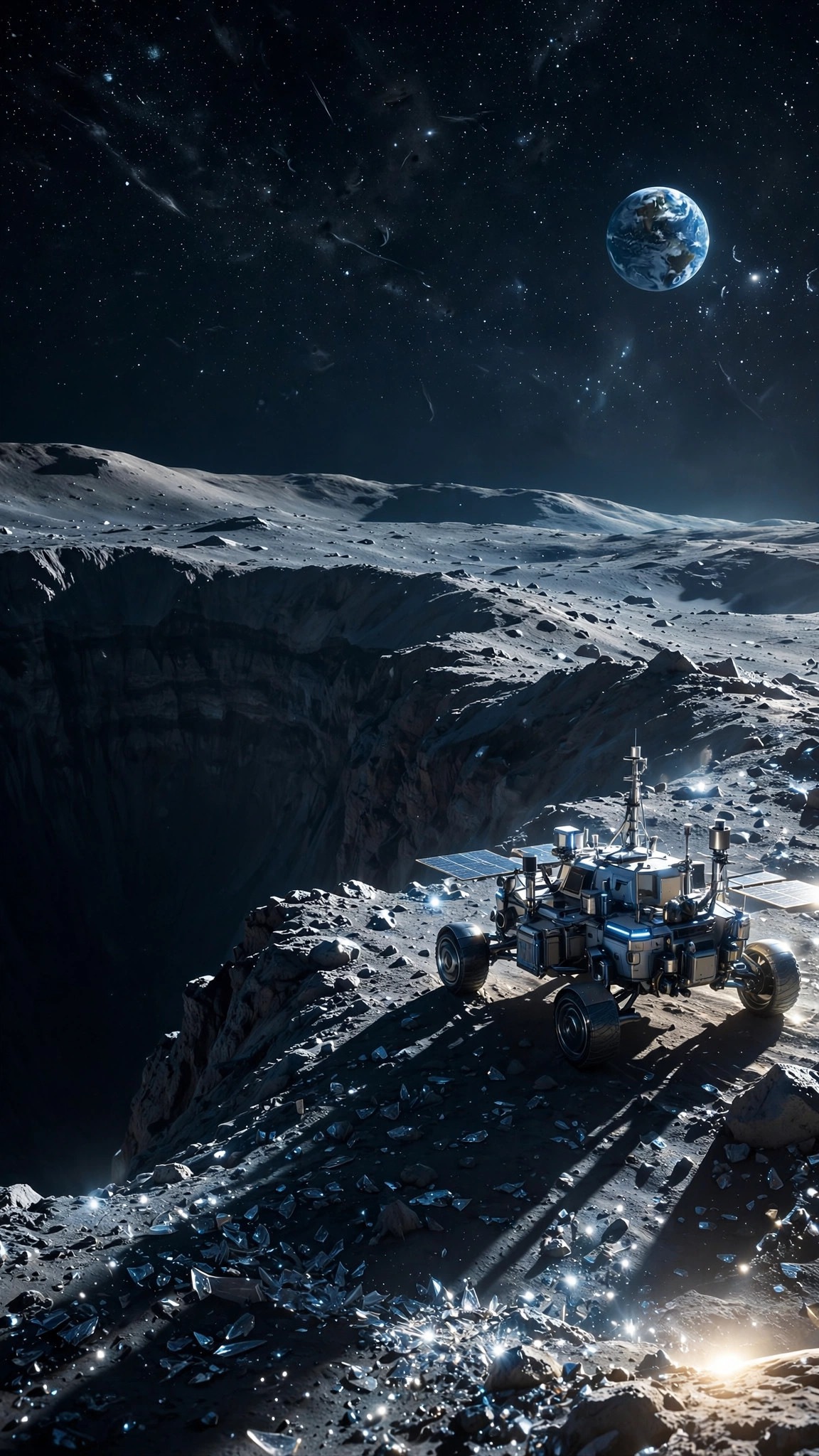 lunar rover on the moon with earth in sky wallpaper