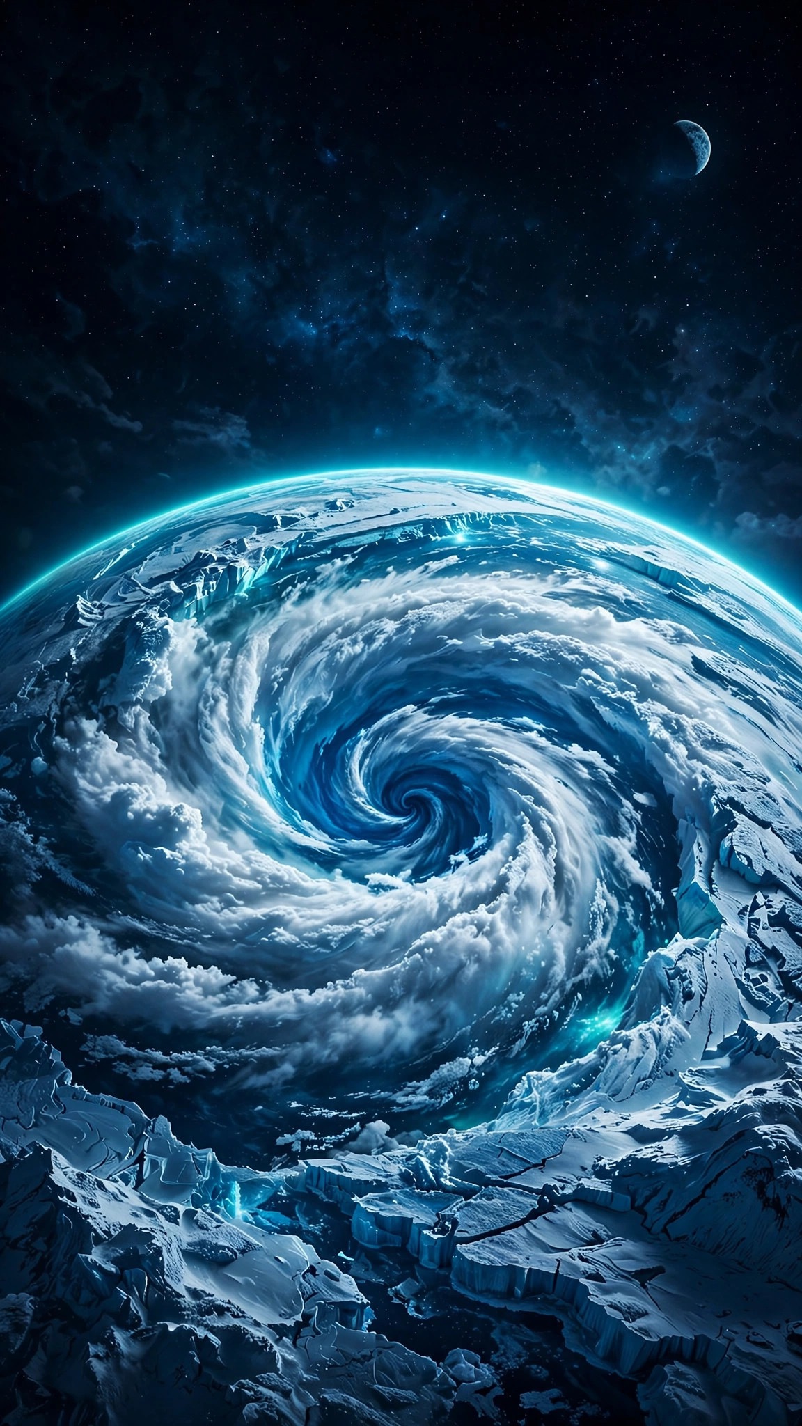 ice planet with giant storm eye vortex wallpaper