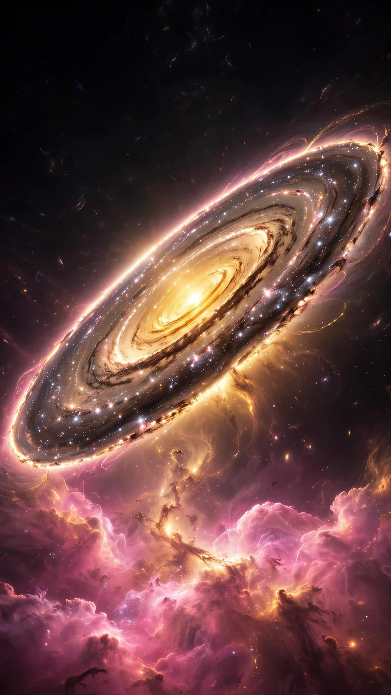 edge-on spiral galaxy above pink nebula wallpaper