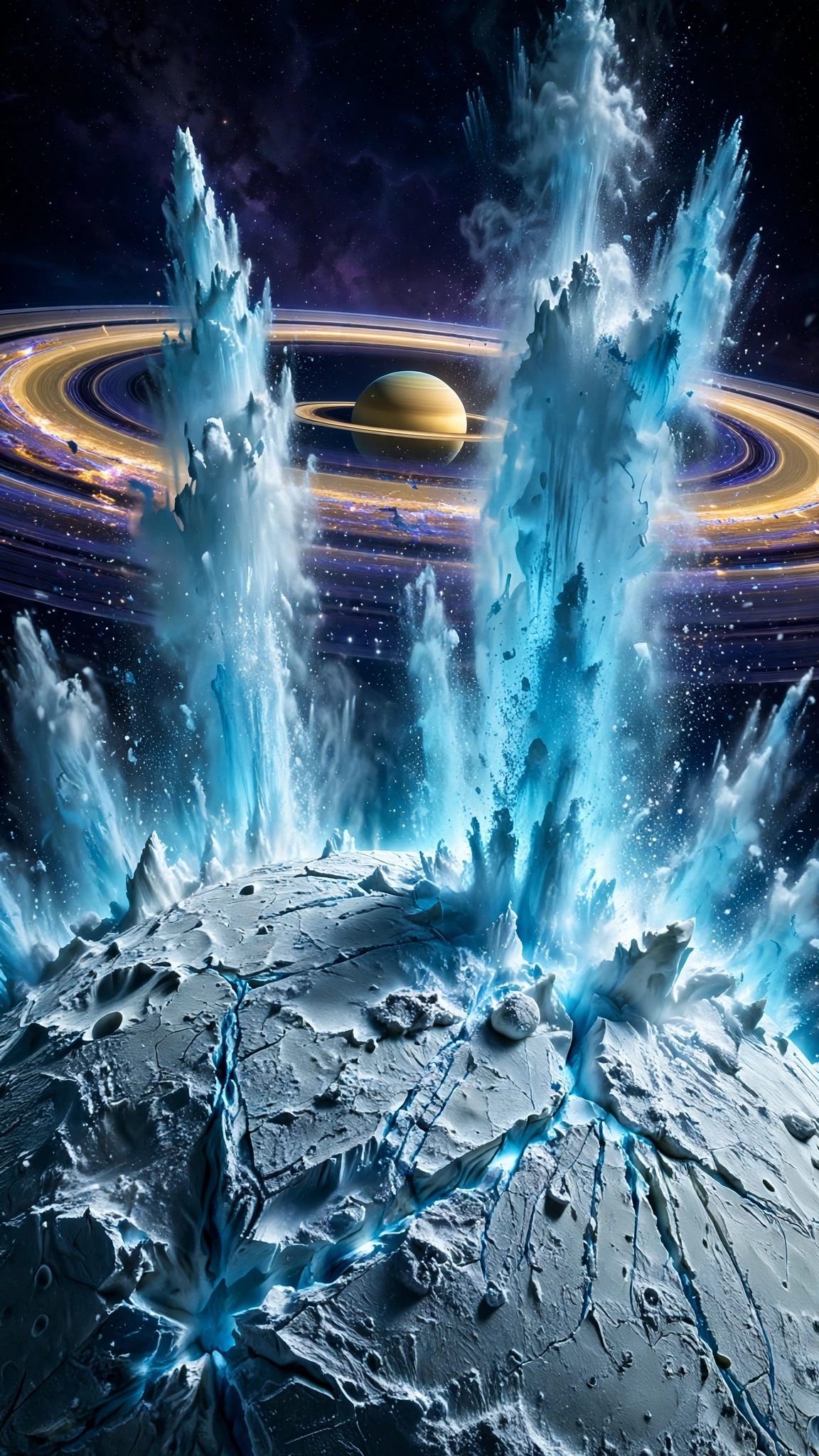 Ice geysers erupting from Enceladus with Saturn's rings on horizon, vertical space wallpaper