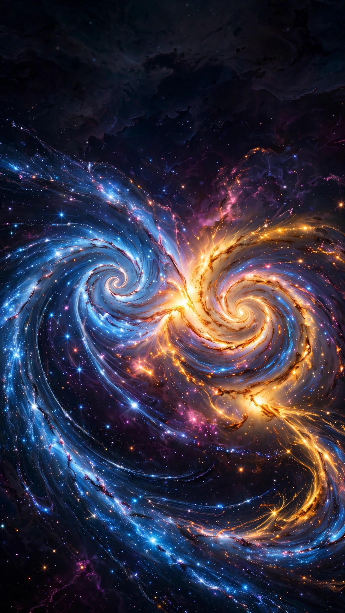 Two spiral galaxies colliding with tidal tails of blue stars and merging golden cores, vertical space wallpaper