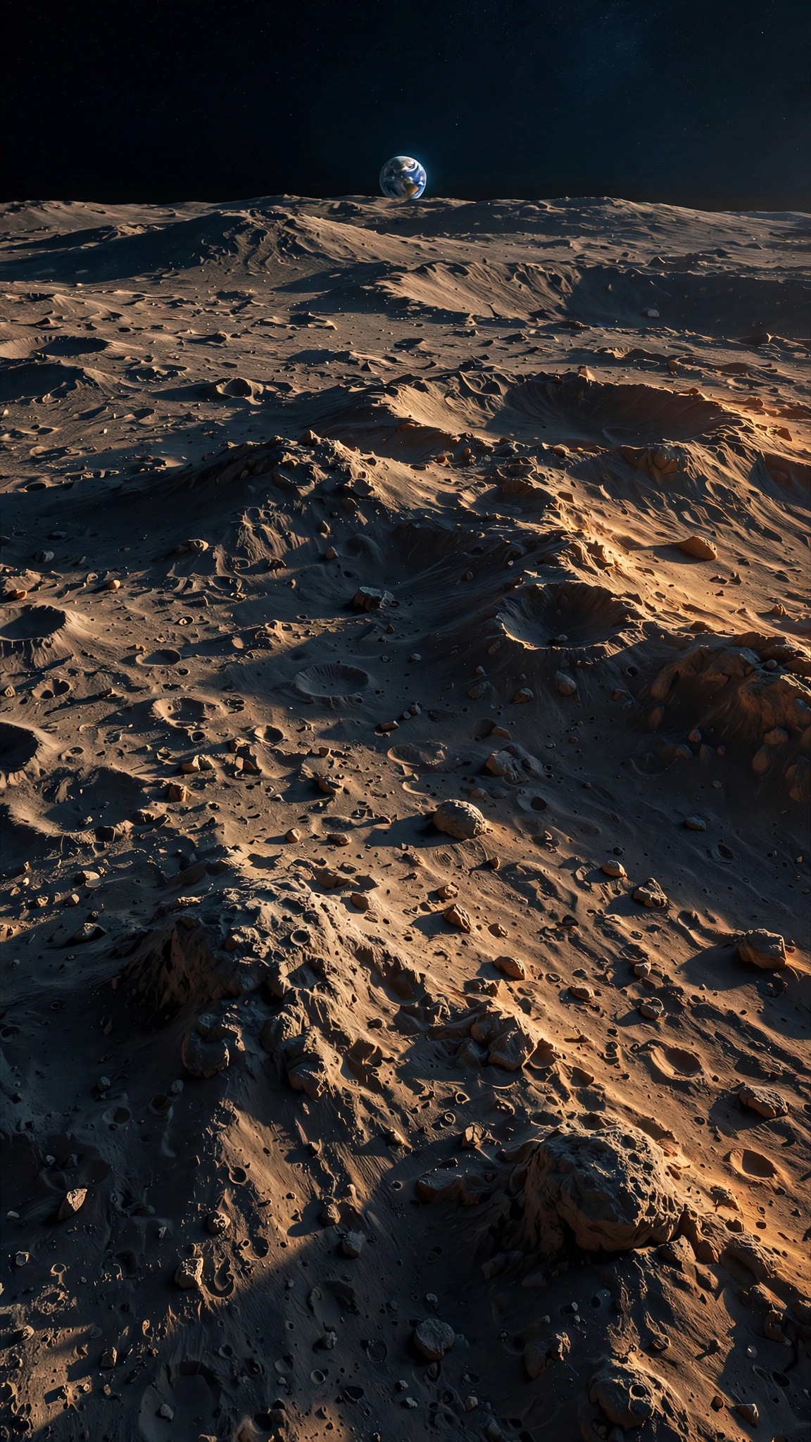 Close-up of Moon cratered highlands with small blue Earth on black horizon, vertical space wallpaper