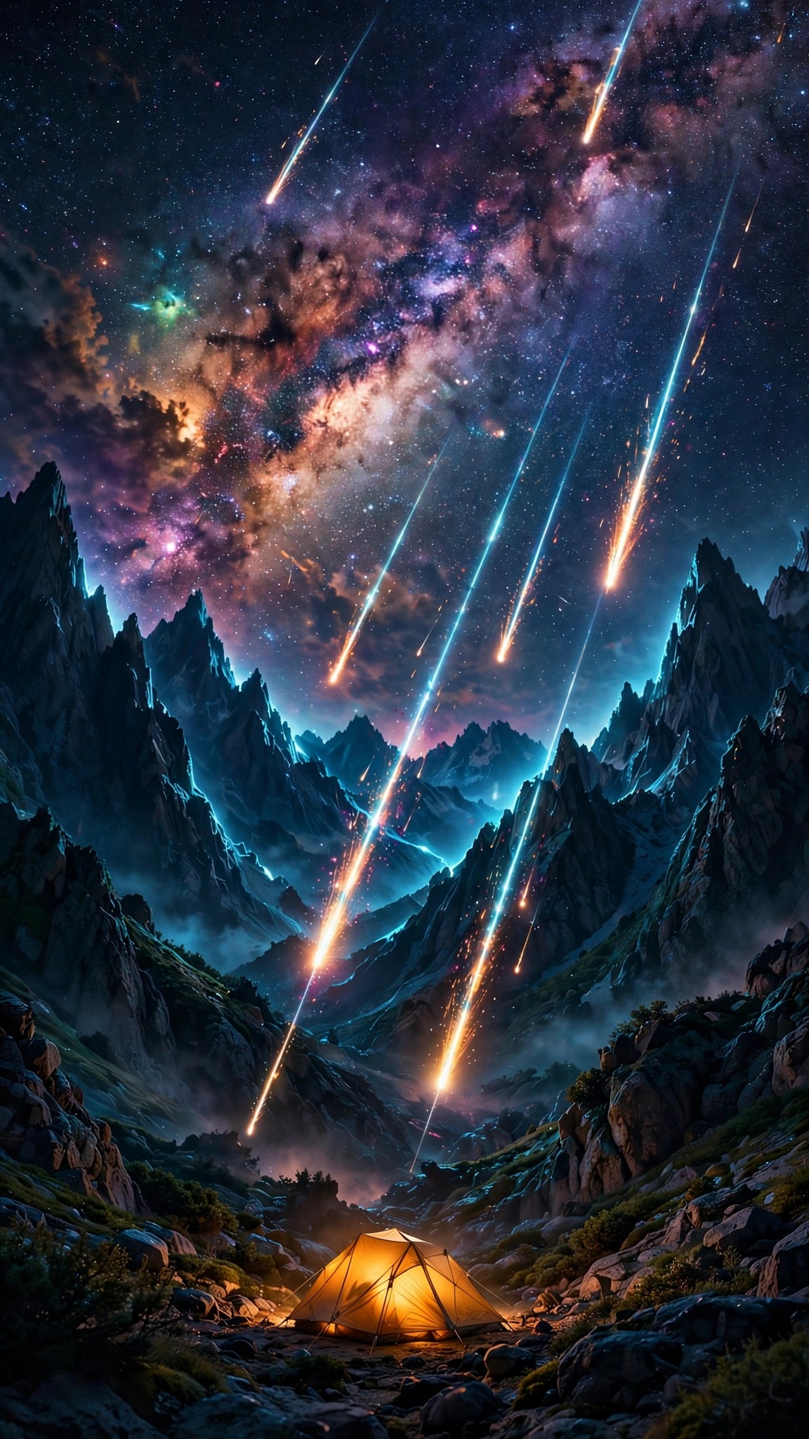 Meteor shower over mountain silhouettes with Milky Way and glowing tent, vertical night sky wallpaper