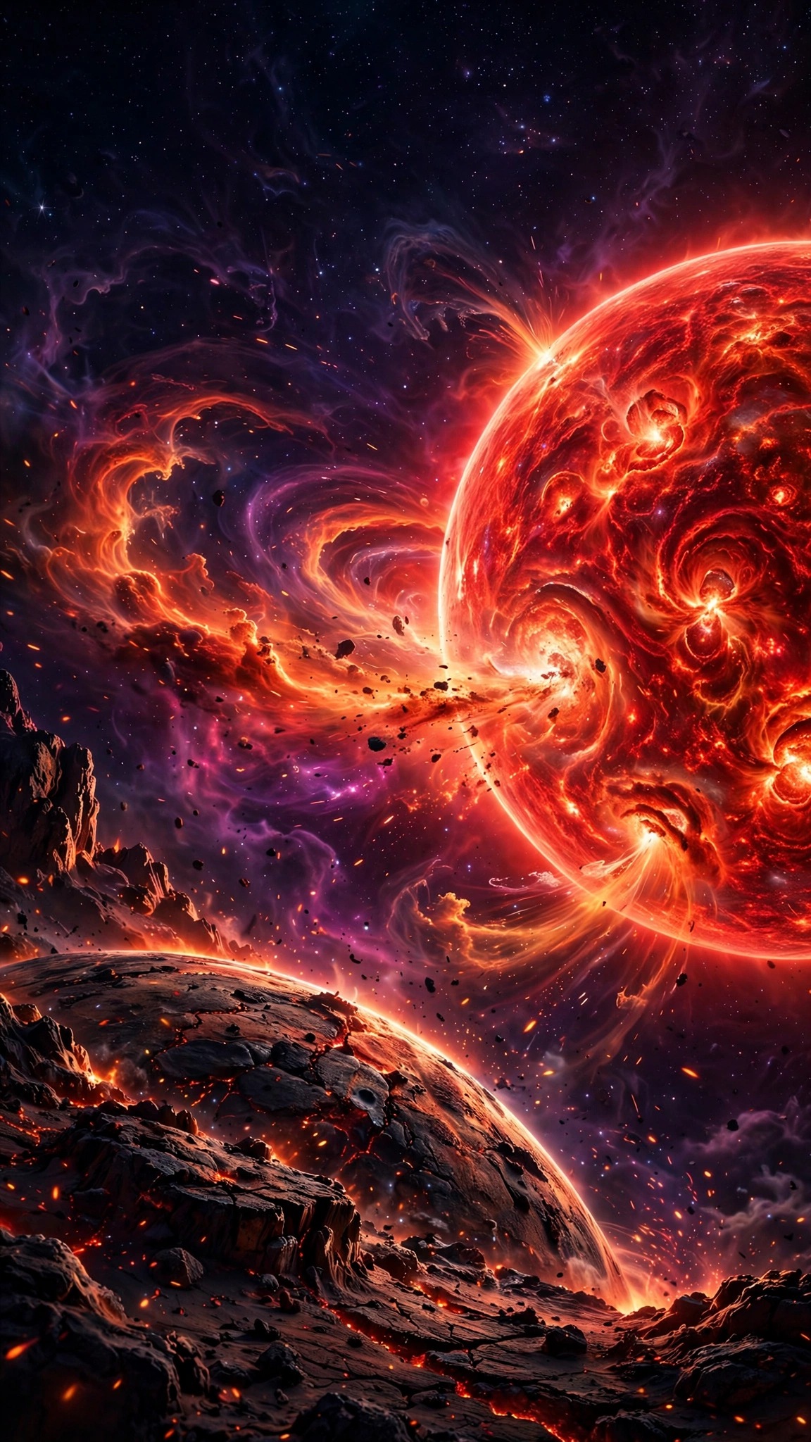 Colossal red giant star shedding gas shells over scorched rocky planet, vertical space wallpaper