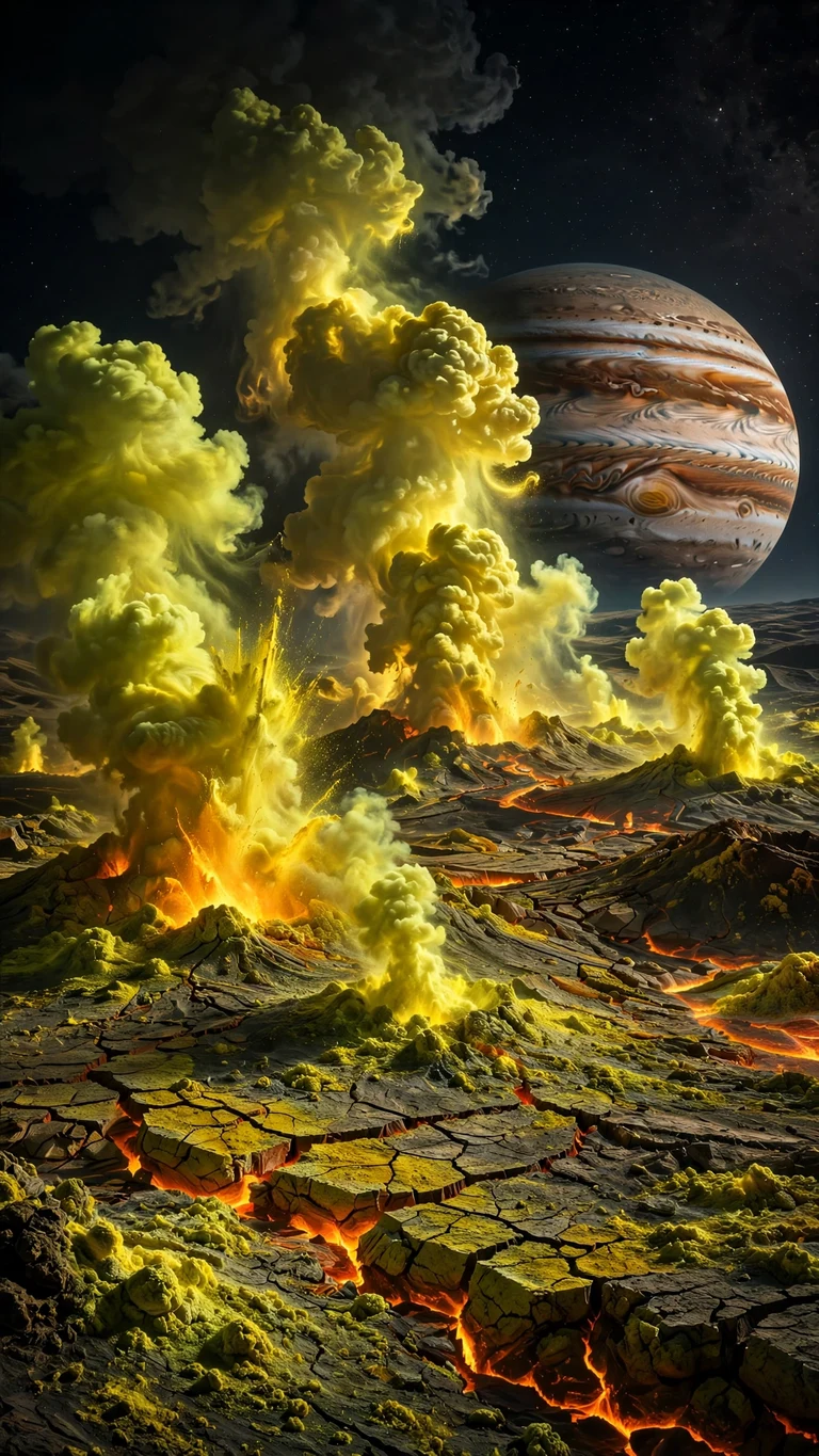 Io erupting with Jupiter looming - vertical space phone wallpaper