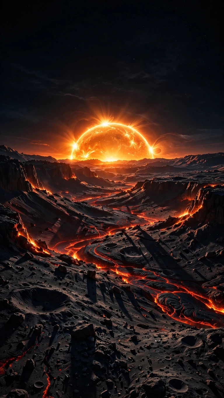 Mercury sunrise over scorched craters - vertical space phone wallpaper
