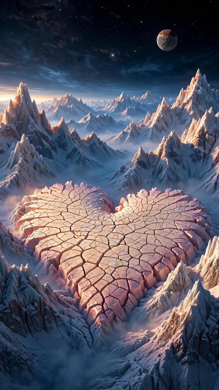 Pluto heart glacier with Charon - vertical space phone wallpaper