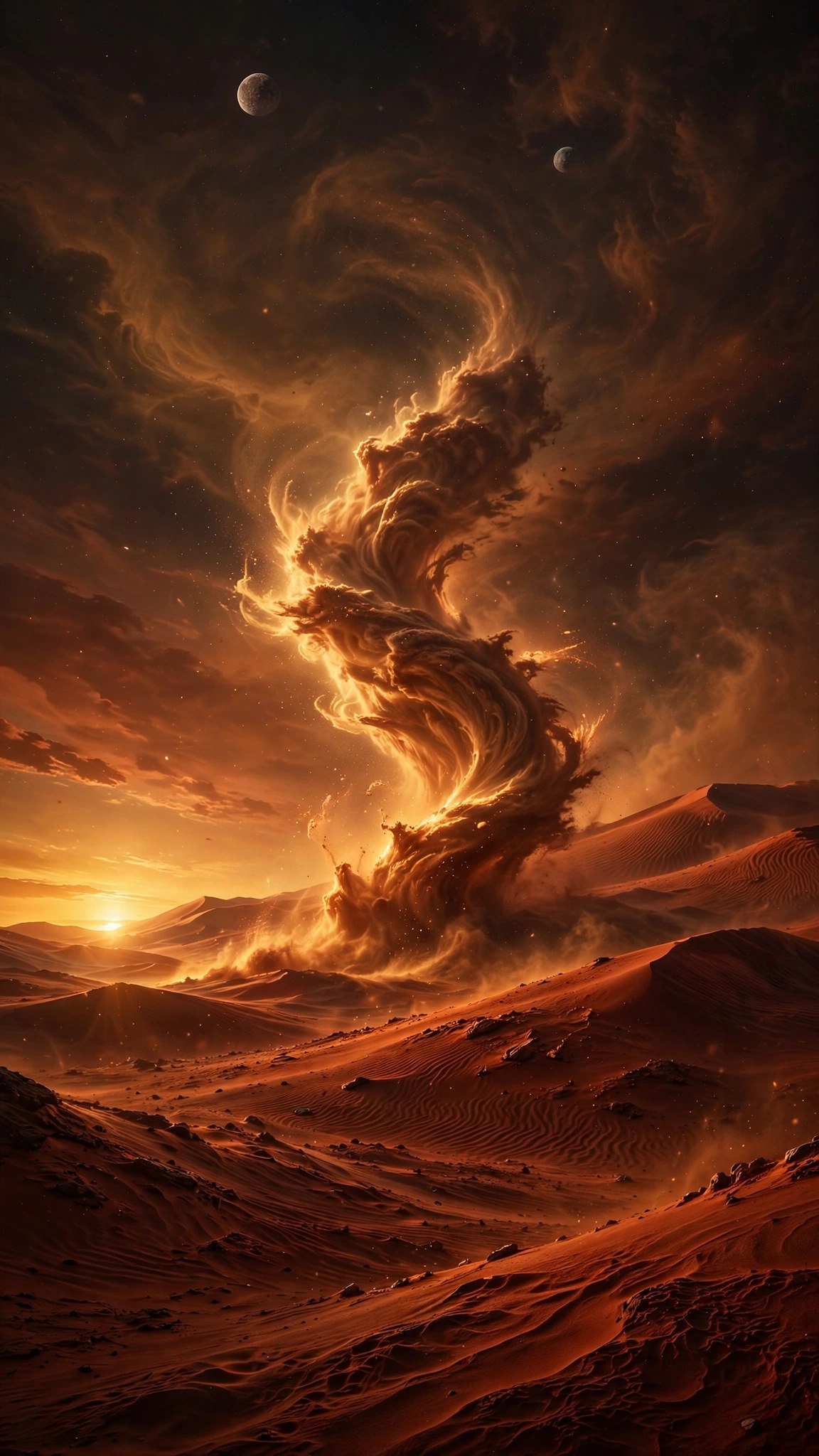 Martian dust devil twisting over red dunes at sunset, vertical space wallpaper