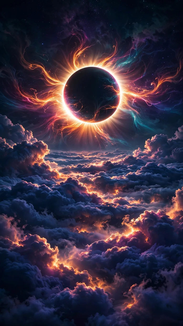 Solar Eclipse above Clouds, vertical space wallpaper