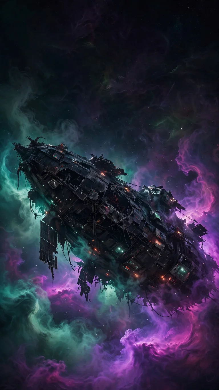 Derelict ghost spacecraft drifting in violet and green nebula, vertical space wallpaper