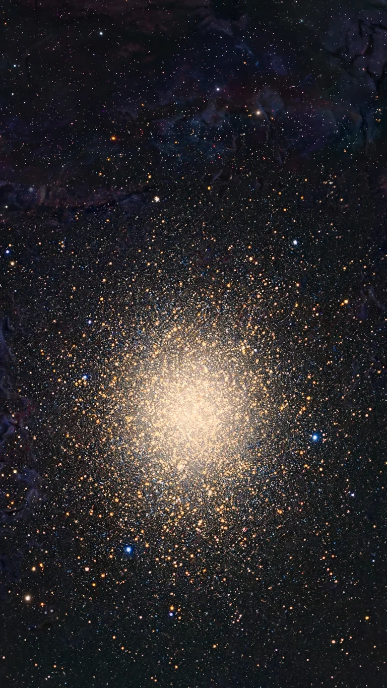 Omega Centauri dense golden globular star cluster with radiant core, vertical space wallpaper