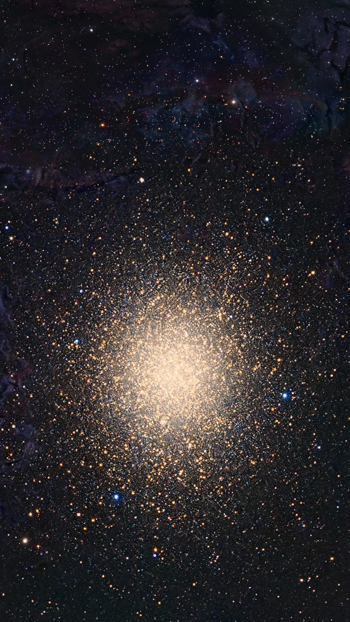 Omega Centauri dense golden globular star cluster with radiant core, vertical space wallpaper